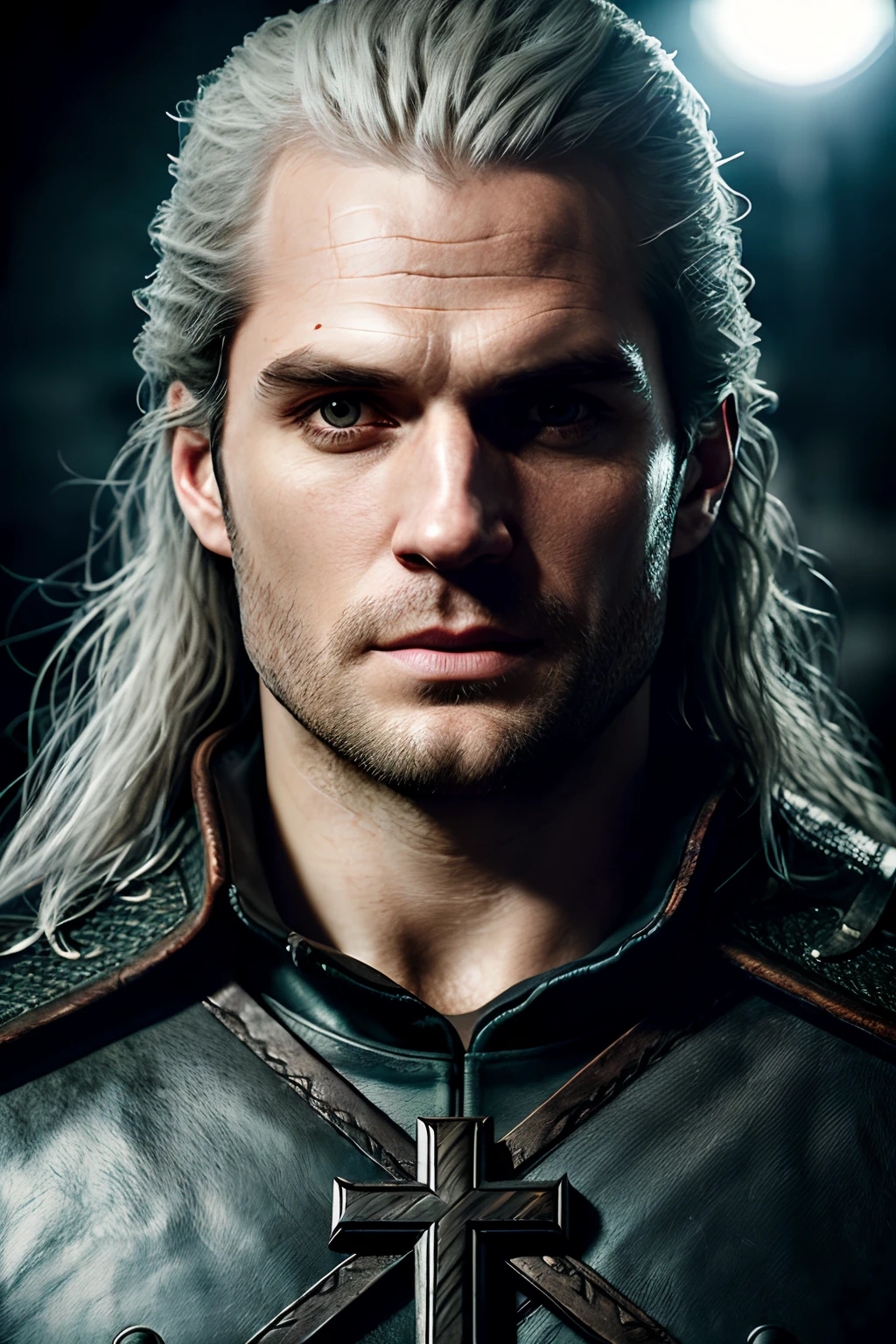 (extremely detailed, best quality) portrait, Henry Cavill as Geralt de Rivia from The Witcher,
(piercing eyes:1.2, chiselled features:1.1), dramatic lighting in the shape of a cross, dark background,
close-up, intense expression, feel the pain Harold