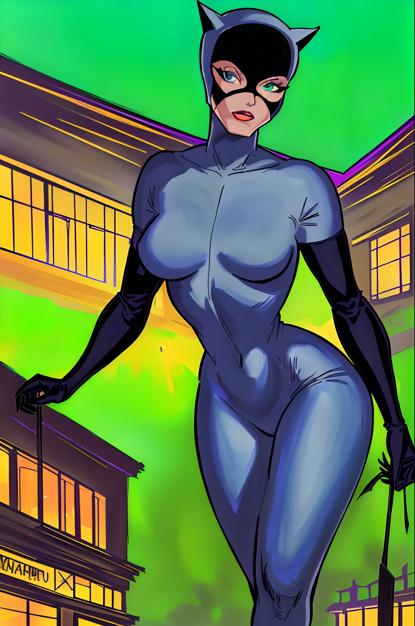 masterpiece, best quality, highres, highest quality, absurdres, catwoman, traditional media, (painting \(medium\)), sharp expressive green eyes, perfect face, wide hips, bodysuit, thick lineart, atmospheric lighting, smooth, beautifully detailed city background, cinematic composition, Joe Madureira