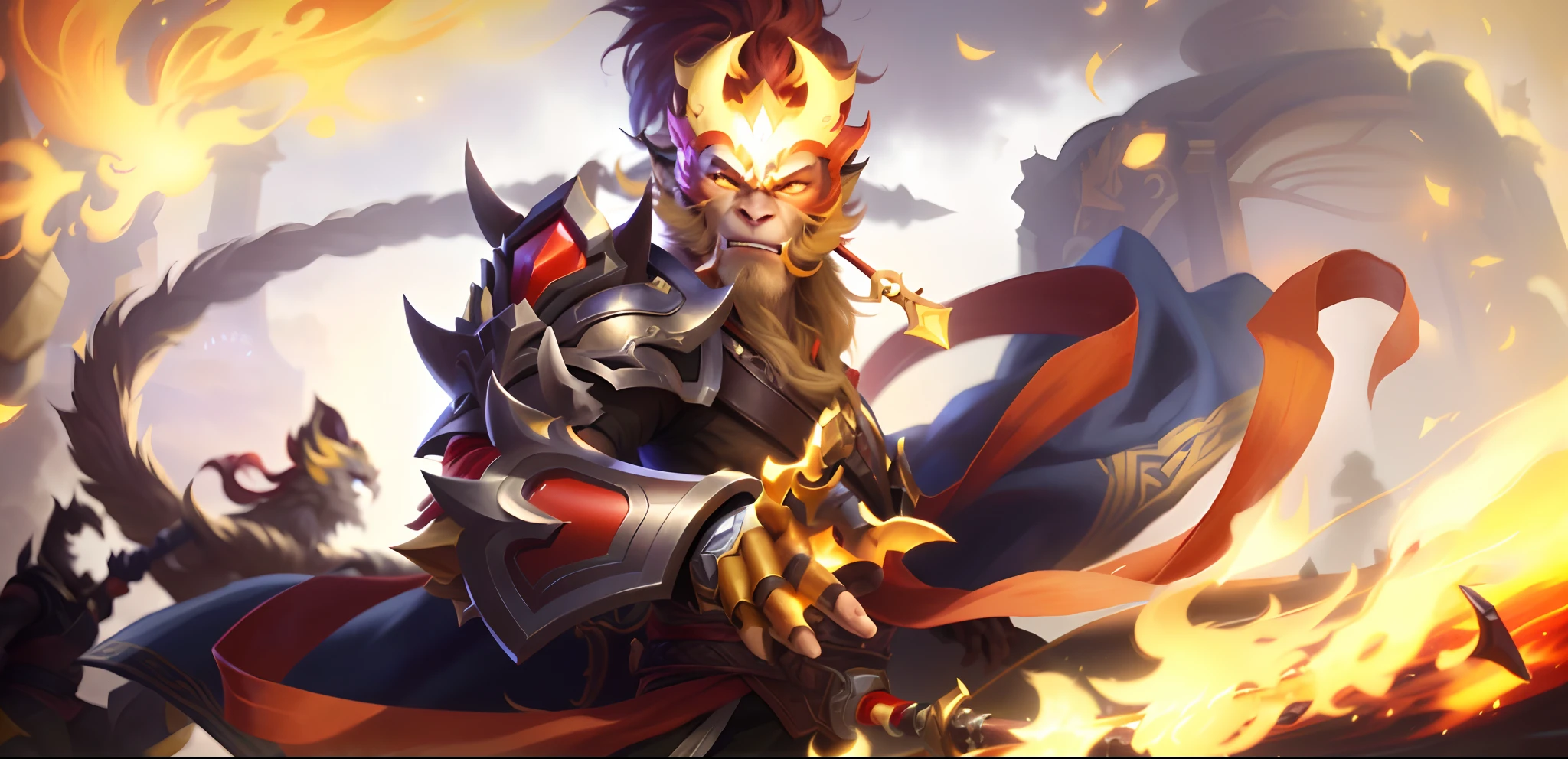 um close up de uma pessoa segurando uma espada em um fogo, Dom Wukong, Wukong, Rei Macaco, Directed by: Lisa Nankivil, inspirado em Hu Zaobin, ne zha de smite, arte detalhada Onmyoji, legendary god holding spear, Onmyoji, arte splash, hero from dota 2, inspirado por Li Kan