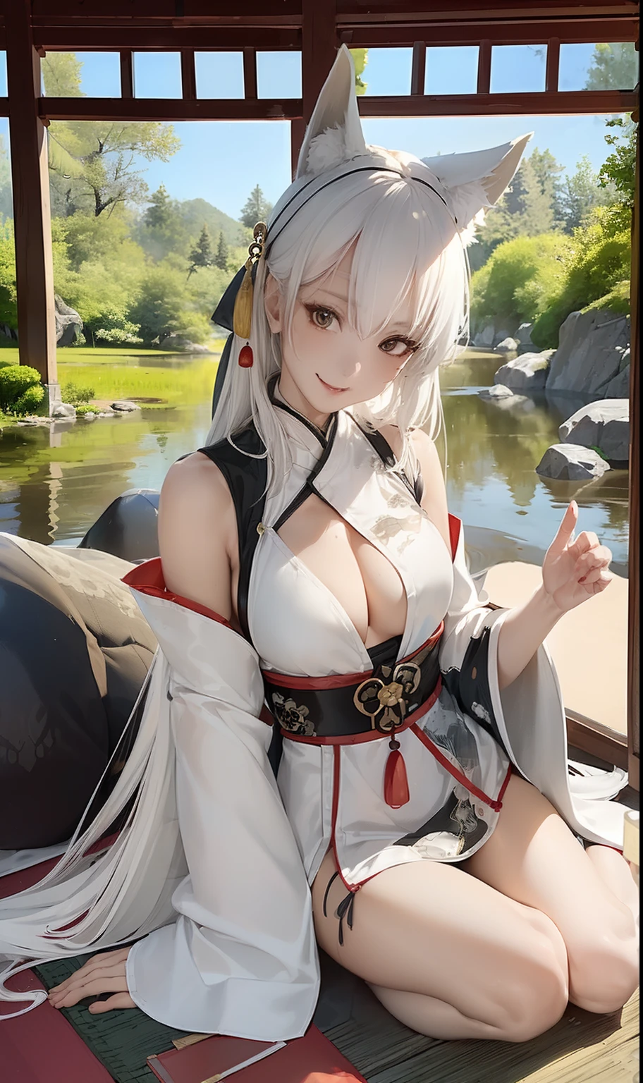 ((4k,masterpiece,best quality)), shuimobysim, traditional chinese ink painting, lotus,  hanfu, maxiskit, dress conservatively
1 girl, solo, white hair, long hair, fox ears, white, bikini, fish, many fish near girl, look at viewer, tease, big chest