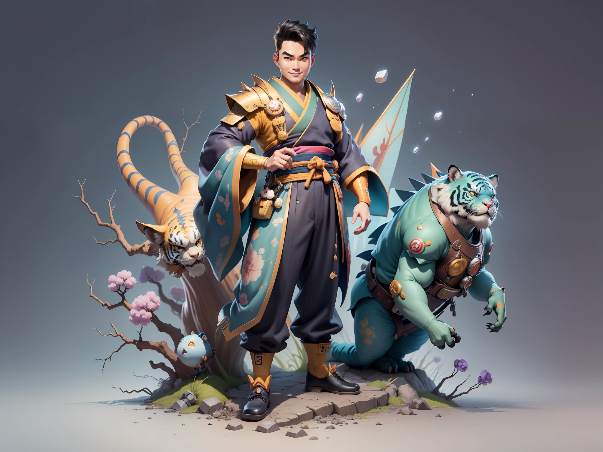 (Masterpiece), (Excellent), (Super Meticulous), (Full Body: 1.2), Super Young Man, Oriental Face, Japanese Kimono, Japanese Wind Thunder God, Dragon, Tiger, TV Anchor, Bust Portrait Illustration, Alone, Black Suit, Blue Tie, Slightly Chubby Face, Very Clean Face, No Beard, Black Super Short Hair, Black Eyes, Confident Smile, 3c Computer Sub-Products, iPad, iPhone, Digital Painting, 3D Character Design by Akira Toriyama and Mark Claireden and Pixar and Hayao Miyazaki, The illustration is a high-definition illustration in 4K resolution with very detailed facial features and cartoon-style visuals.