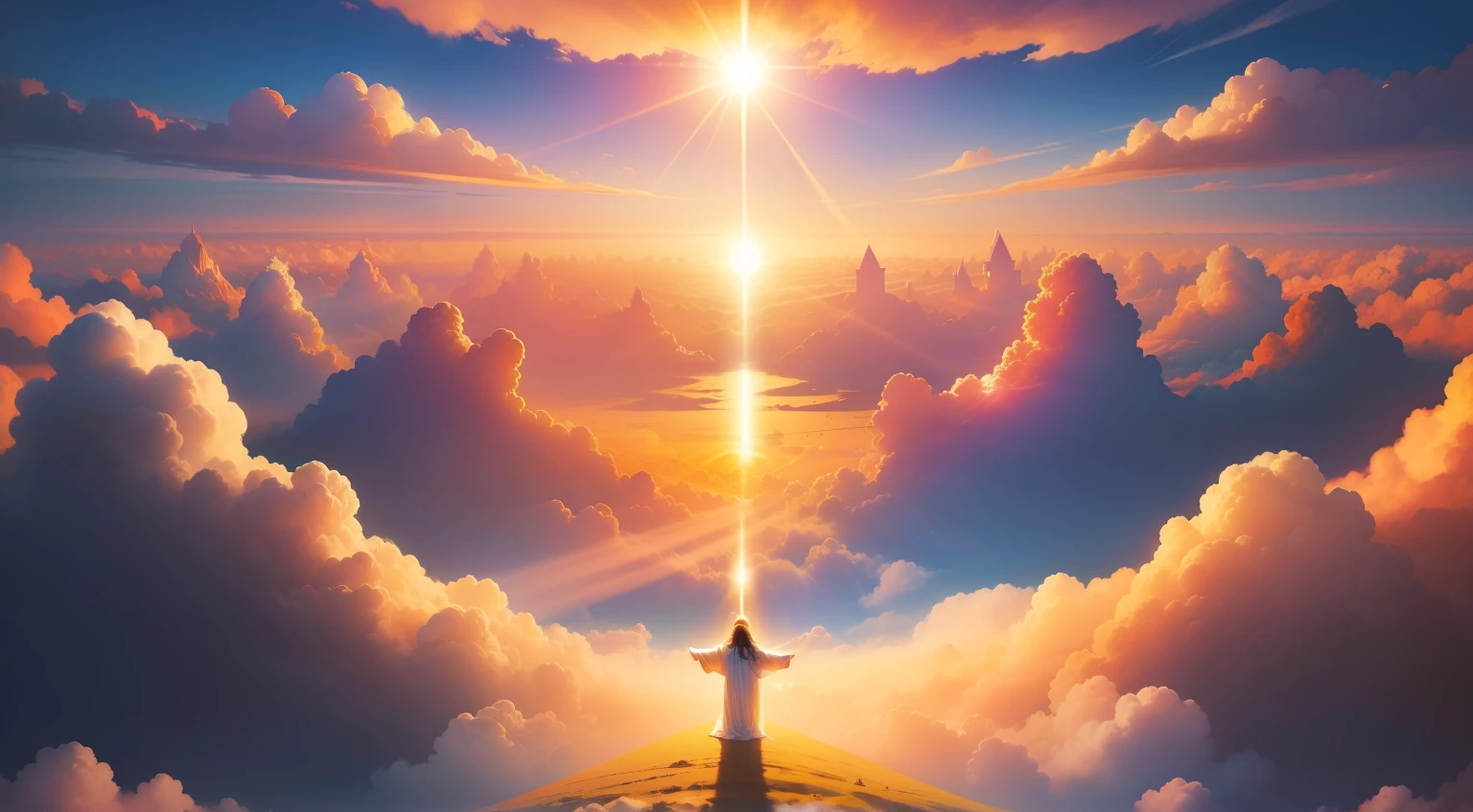 jesus christ realistic holy fantasy effect heaven on earth gold sun ray dreamworld colourful clouds and dreamy scene