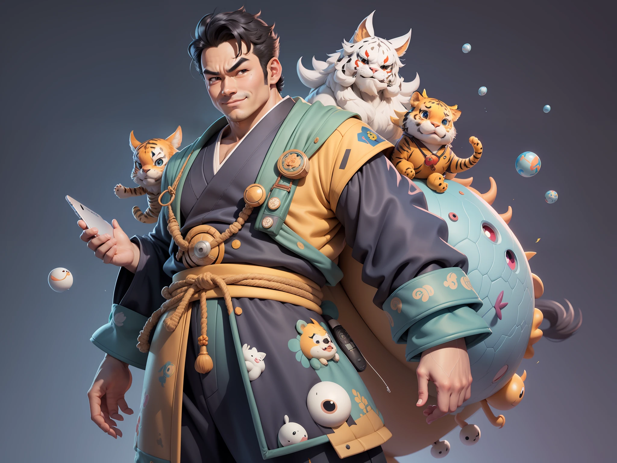 (Masterpiece), (Excellent), (Super Meticulous), (Full Body: 1.2), Super Young Man, Oriental Face, Japanese Kimono, Japanese Wind Thunder God, Dragon, Tiger, TV Anchor, Bust Portrait Illustration, Alone, Black Suit, Blue Tie, Slightly Chubby Face, Very Clean Face, No Beard, Black Super Short Hair, Black Eyes, Confident Smile, 3c Computer Sub-Products, iPad, iPhone, Digital Painting, 3D Character Design by Akira Toriyama and Mark Claireden and Pixar and Hayao Miyazaki, The illustration is a high-definition illustration in 4K resolution with very detailed facial features and cartoon-style visuals.
