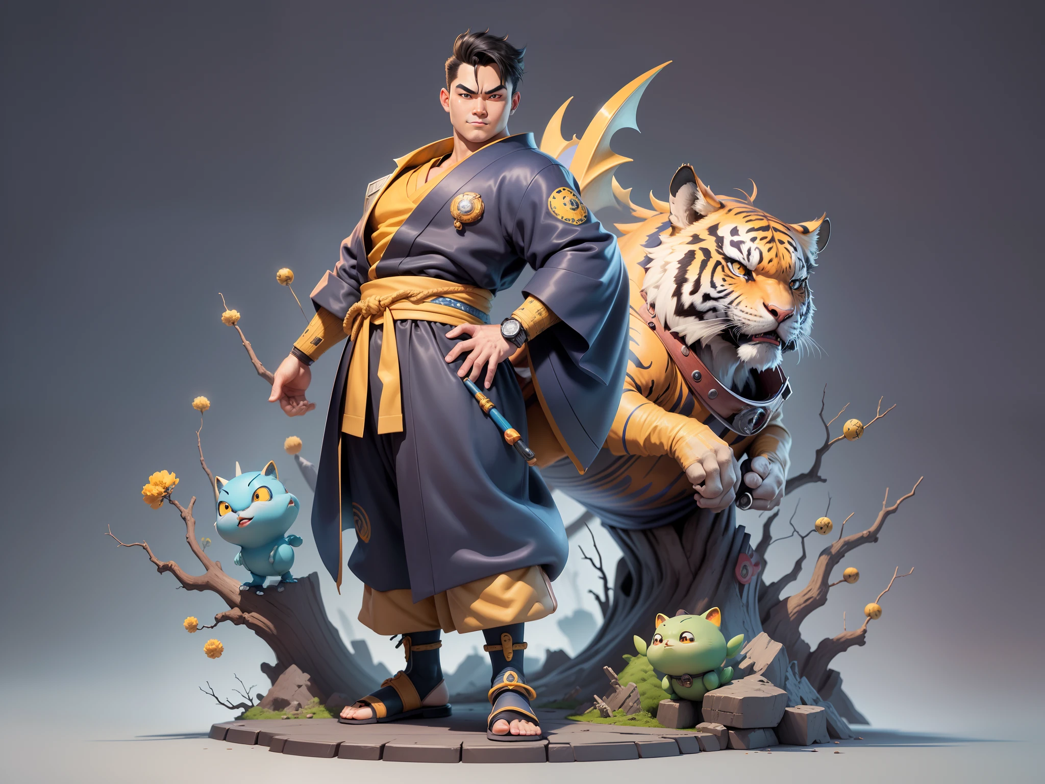 (Masterpiece), (Excellent), (Super Meticulous), (Full Body: 1.2), Super Young Man, Oriental Face, Japanese Kimono, Japanese Wind Thunder God, Dragon, Tiger, TV Anchor, Bust Portrait Illustration, Alone, Black Suit, Blue Tie, Slightly Chubby Face, Very Clean Face, No Beard, Black Super Short Hair, Black Eyes, Confident Smile, 3c Computer Sub-Products, iPad, iPhone, Digital Painting, 3D Character Design by Akira Toriyama and Mark Claireden and Pixar and Hayao Miyazaki, The illustration is a high-definition illustration in 4K resolution with very detailed facial features and cartoon-style visuals.