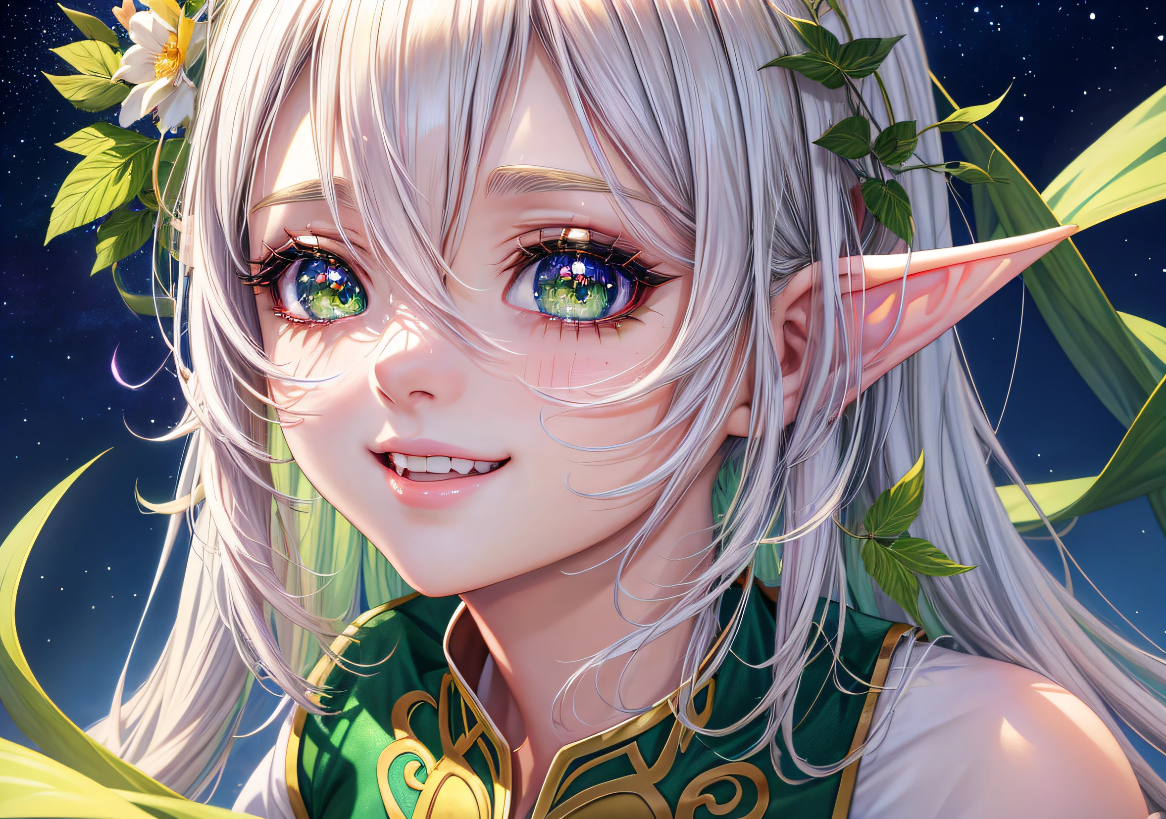 Elven girl looking at the camera with beautiful green eyes and an attractive smile, mouth open, White Teeth, Petite cute nose, Beautiful long elven ears, white colored hair, Stars in her fixed eyes, breathtaking rendering, extreme closeup, Sweet girl, attractive anime girl, beautiful anime girl, Cute beautiful anime woman, detailed digital anime art, beautiful anime girl, beautiful anime girl, Anime with small details, Best Quality, Masterpiece, Ultra-detailed, Beautiful, hight resolution, Original,CG 8K ультрареалистичный, perfect artwork, beatiful face, Face Clean, Skin, hyper realistic, Ultra Detailed, A detailed eye, dramatic  lighting, (Realistic) Realistic, Full HD, Best Quality, Best Quality, Beautiful lighting, (8k wallpaper of extremely detailed CG unit), High Details, sharp-focus, The art of dramatic and photorealistic painting, beautiful smile, Incredibly detailed face, hyper detailed face, A face with a lot of detail, Perfect nose, gorgeous smile, Green star in the eye, Perfect eye shadow, wink, Hyper-Detailed Eyes, Hyper-detailed eyebrows, Hyper-detailed eyelashes,