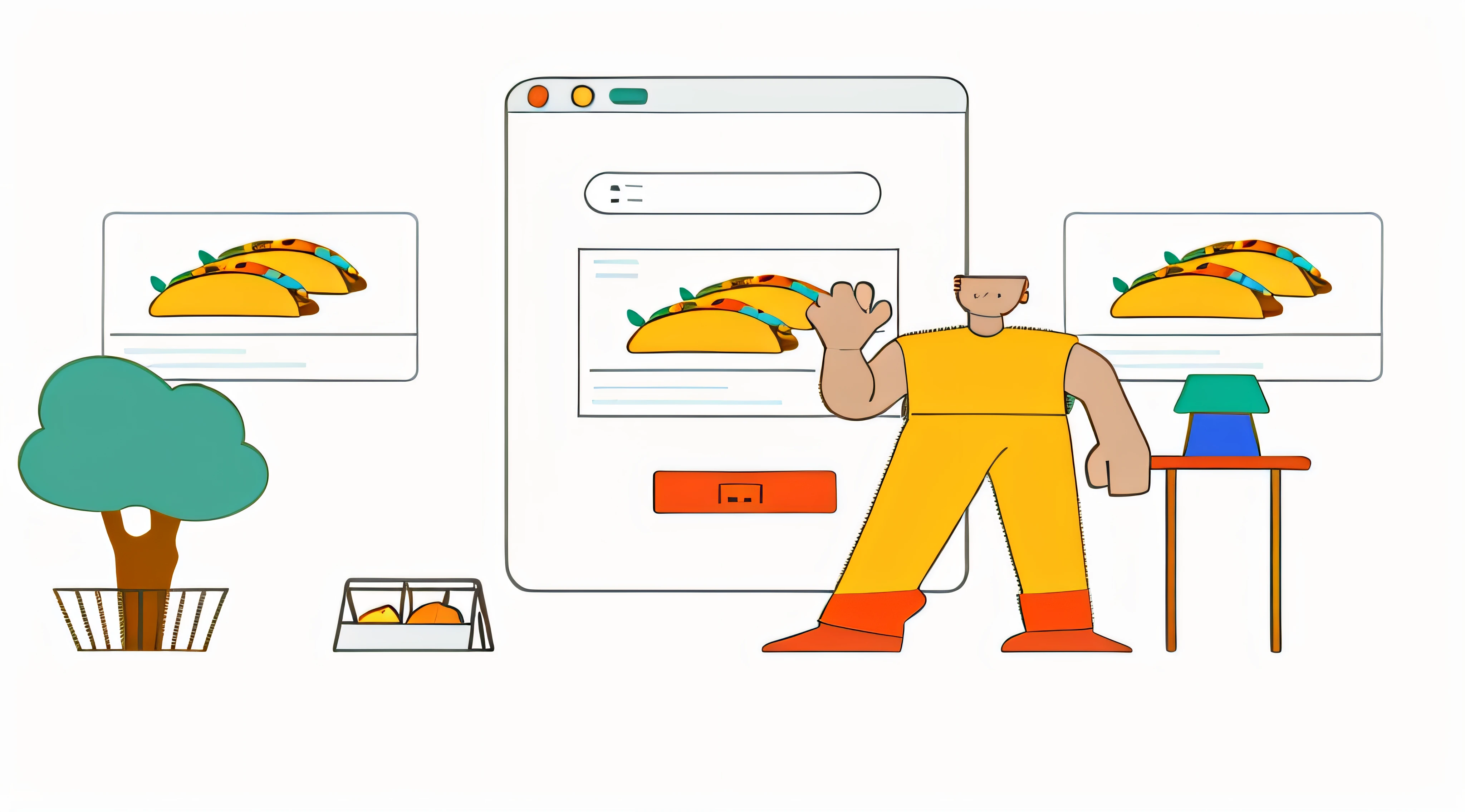 Illustration of a man standing in front of a refrigerator，There is food on it, Flat illustration, Simple and clean illustration, full page illustration, Commercial illustration, Simple illustration, 2 d illustration, 2D illustration, advertisement picture, product introduction photos, Concept illustration, 2. 5 d illus, marketing illustration, Detailed 2D illustration, digital 2d illustration