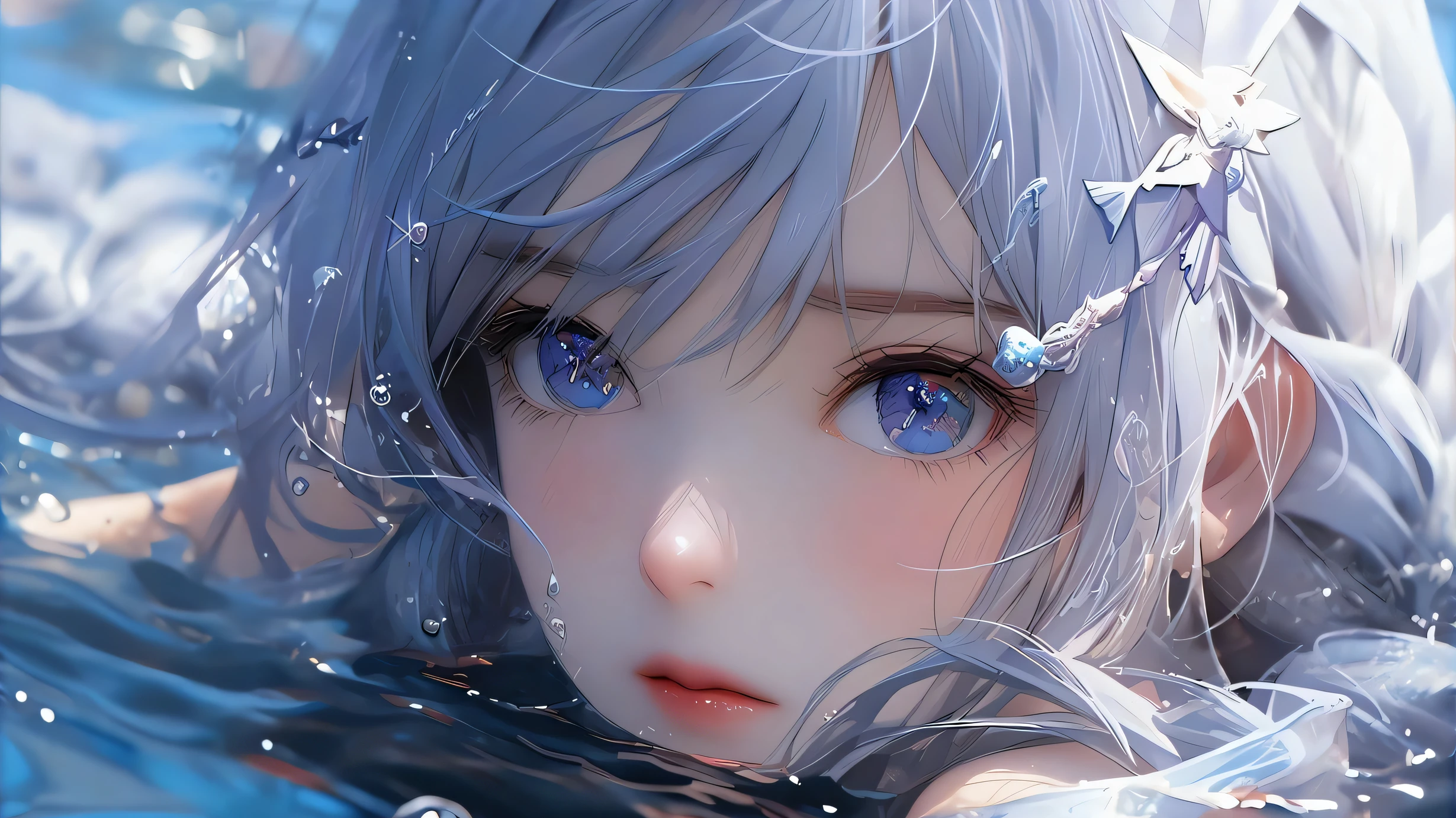Anime girl with blue eyes in water, wallpaper anime blue water, Detailed digital anime art, blue watery eyes, Guweiz on ArtStation Pixiv, Stunning anime face portrait, a beautiful anime portrait, Guviz, Watery blue eyes, Guweiz in Pixiv ArtStation, azure blue watery eyes, style of anime4 K, Beautiful anime artwork
