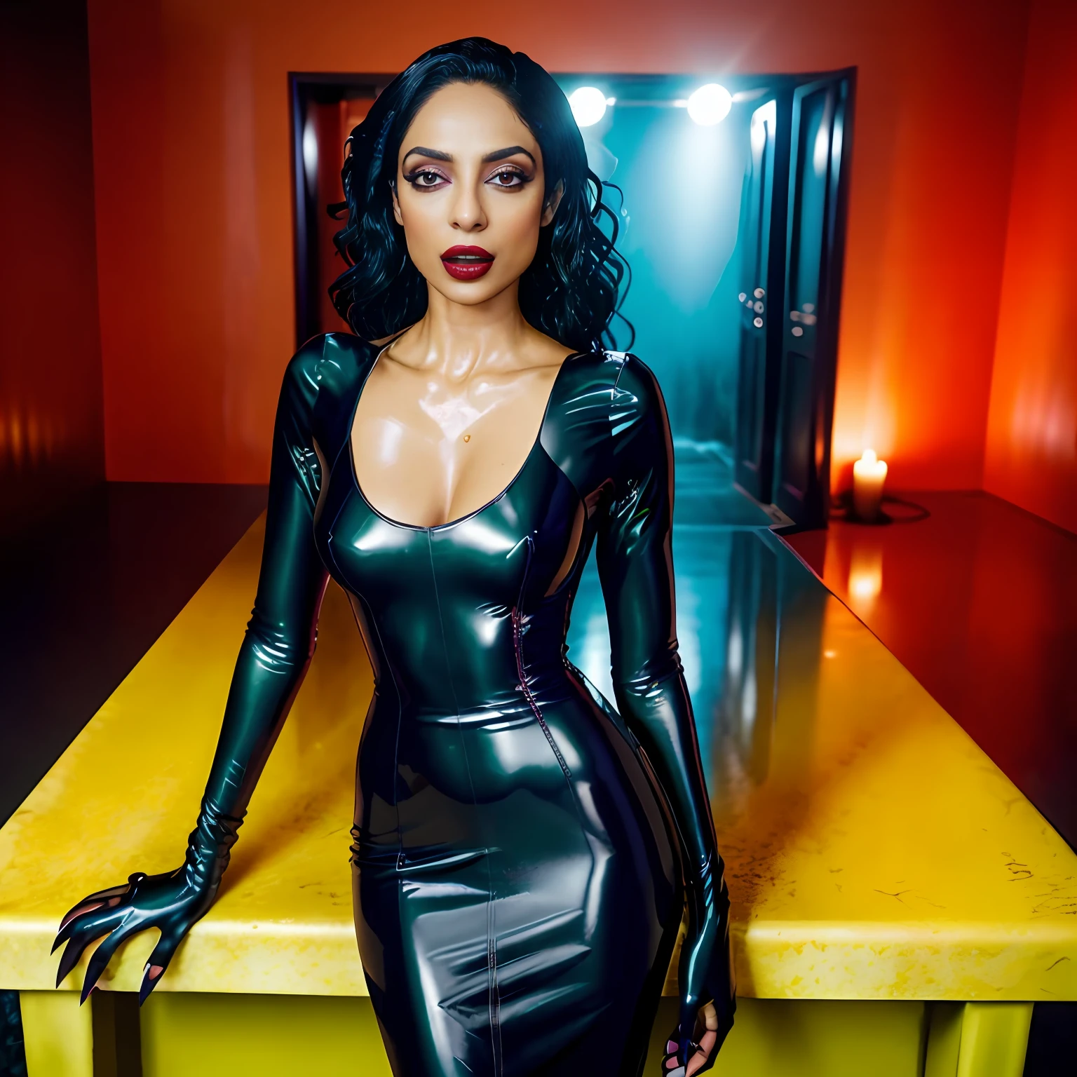 high quality raw photo, excellent composition, Front View, Full Body, Head to Feet, Photoshoot, Bombshell, scary vampire, black, Wet Sexy Actress SobhitaD with Vampire Teeth and Eyes in Dahlia Lipstick , wearing wet Tight Slim Super Long Deep Black Shiny Metallic Vampire Latex Mermaid Long Gown, horror room, Seductive Pose, cinematic lighting, cinematic colors, masterpiece, high detailed, best quality, photorealistic, ultra realistic, 8k hdr:1.2