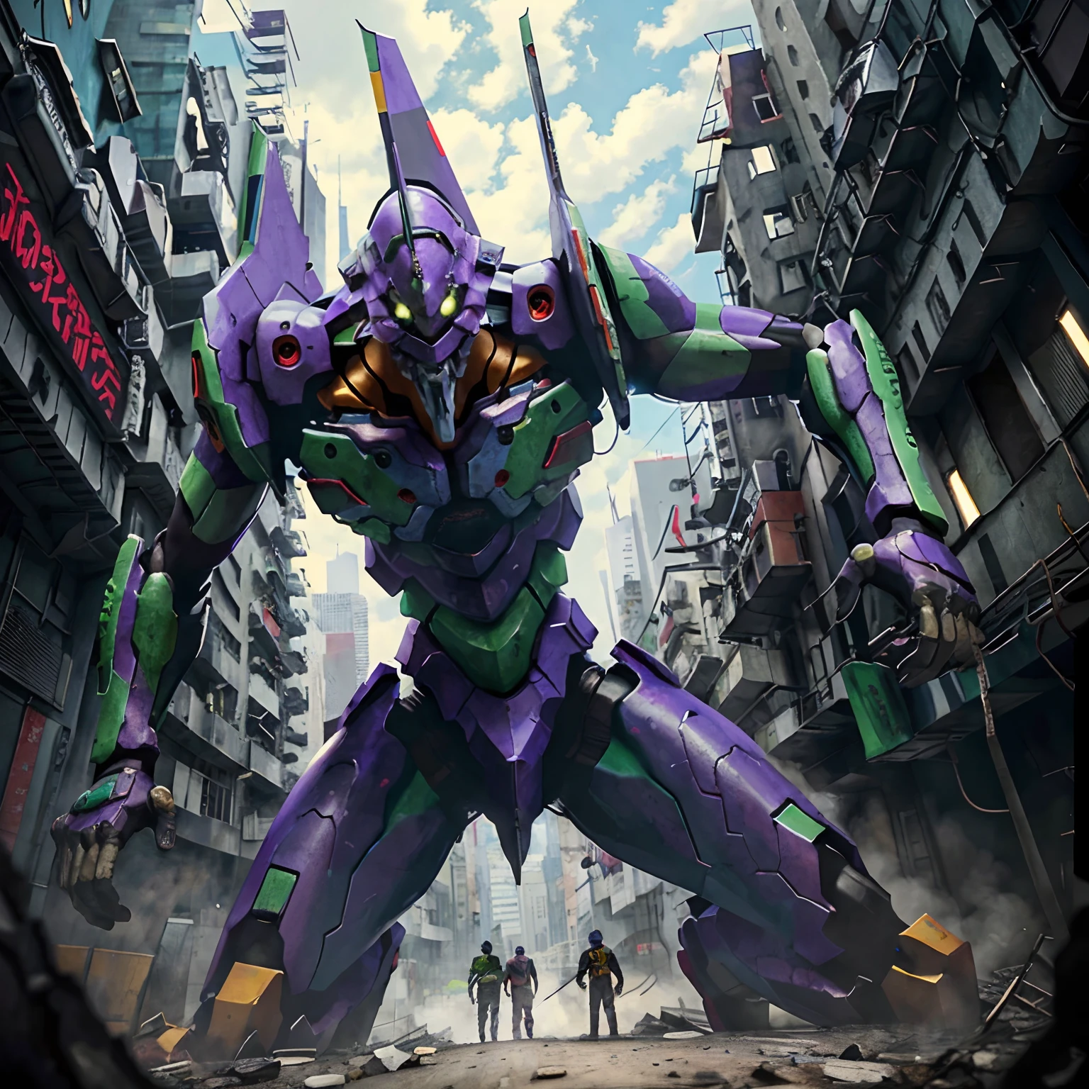 eva 01,outstretched_arm,cutter knife,evagod,evangelion mecha, science fiction, looking at viewer, (official art, Best quality, masterpiece:1.2), illustration, high res, beautiful abstract background, Futurism, cyberpunk, intense angle, close-up