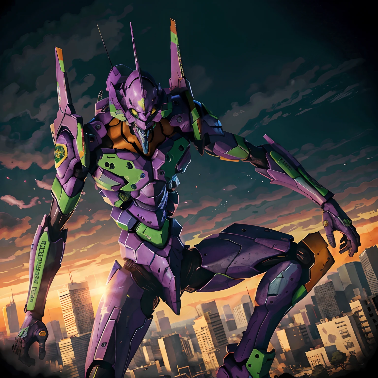 eva 01,outstretched_arm,cutter knife,evagod,evangelion mecha, science fiction, looking at viewer, (official art, Best quality, masterpiece:1.2), illustration, high res, beautiful abstract background, Futurism, cyberpunk, intense angle, close-up