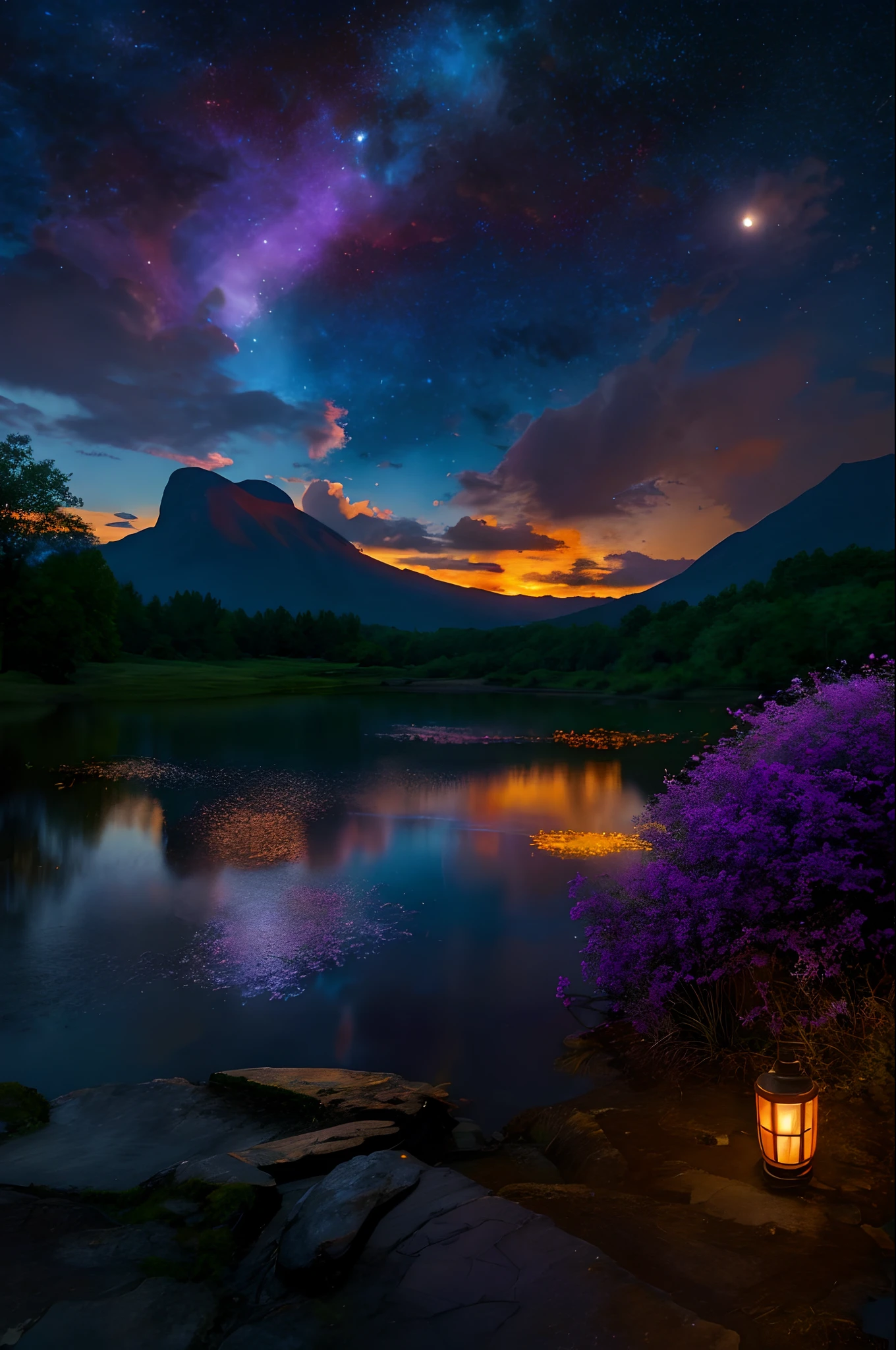 expansive landscape photograph , (a view from below that shows sky above and open field below), a girl standing on flower field looking up, kimono, (full moon:1.2), ( shooting stars:0.9), (nebula:1.3), distant mountain, tree BREAK
production art, (warm light source:1.2), (Firefly:1.2), lamp, lot of purple and orange, intricate details, volumetric lighting BREAK
(masterpiece:1.2), (best quality), 4k, ultra-detailed, (dynamic composition:1.4), highly detailed, colorful details,( iridescent colors:1.2), (glowing lighting, atmospheric lighting), dreamy, magical, (solo:1.2)