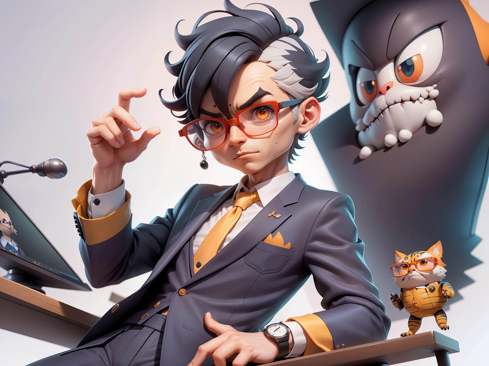 A young man in a suit, Short hair and glasses sat at his desk，holding laptop，digitial painting，tigre，3D character design by Mark Clairen and Pixar and Hayao Miyazaki and Akira Toriyama，4K HD illustration，Very detailed facial features and cartoon-style visuals。