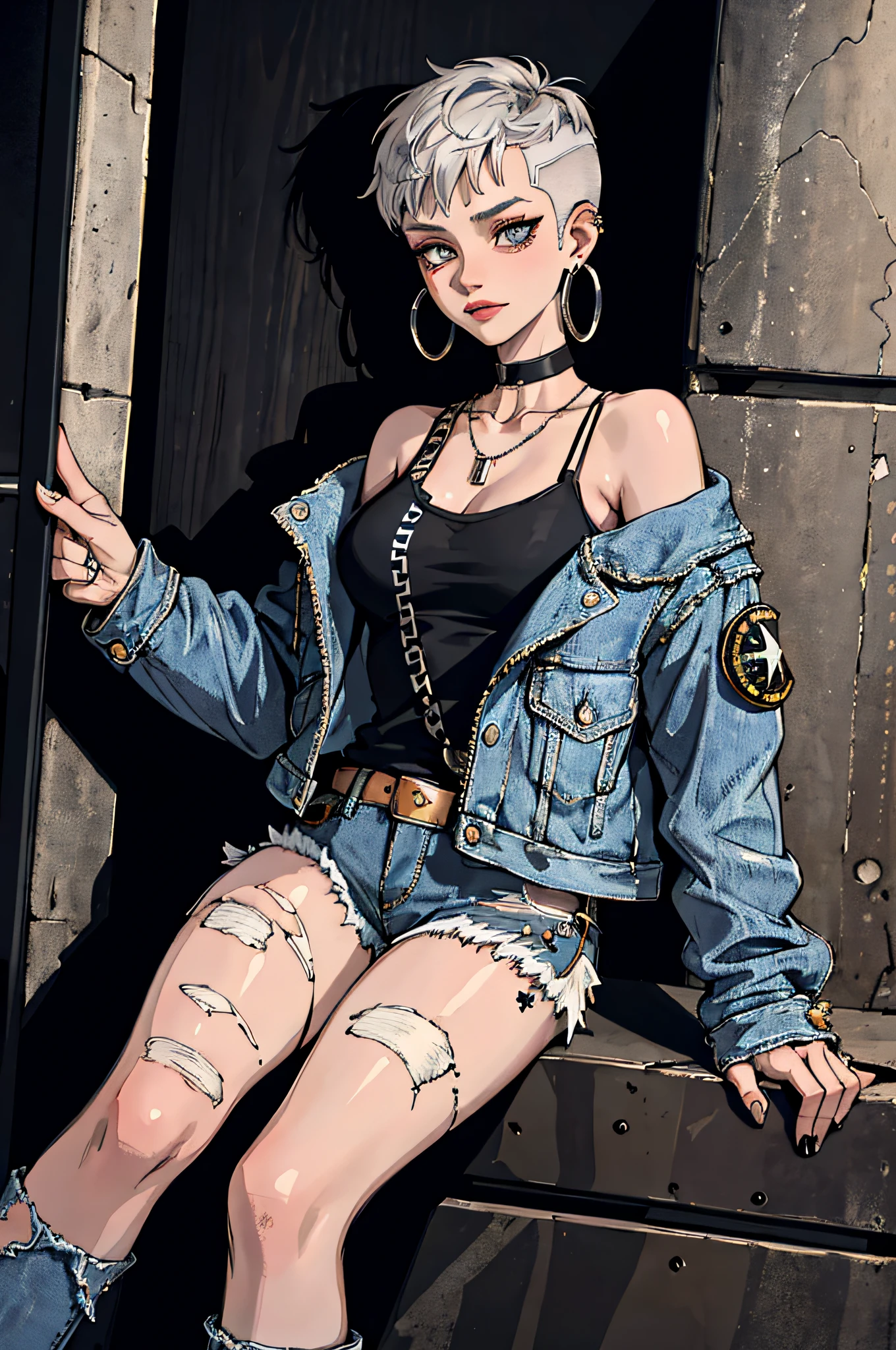 (masterpiece:1.2, best quality), (1lady, solo, upper body:1.2), Hair: buzz cut, Clothing: oversized, distressed denim jacket with patches and pins, paired with black skinny jeans and combat boots, Accessories: silver hoop earrings and a black choker necklace, Hanging out in an underground music venue or street art exhibit