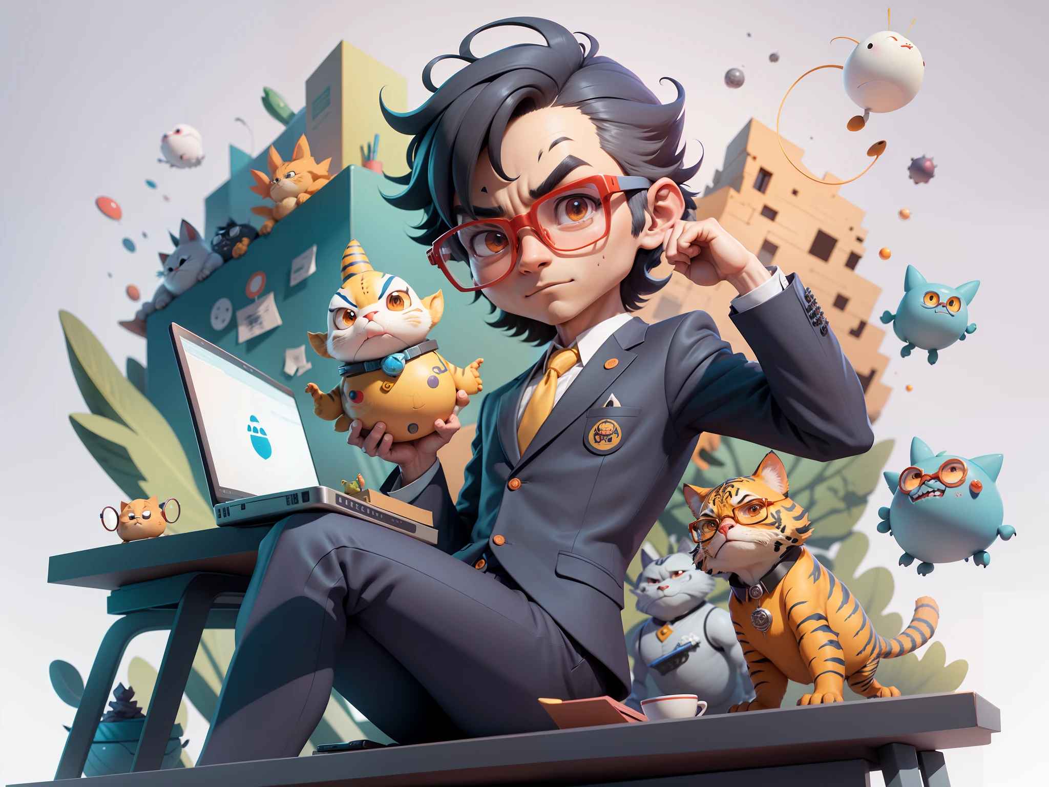 A young man in a suit, Short hair and glasses sat at his desk,holding laptop,digitial painting,tigre,3D character design by Mark Clairen and Pixar and Hayao Miyazaki and Akira Toriyama,4K HD illustration,Very detailed facial features and cartoon-style visuals。