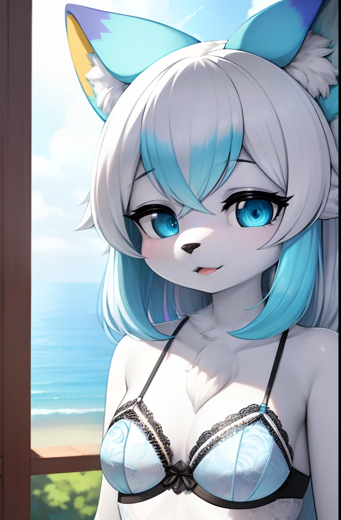 (furry:1.2), foco no corpo, peitos medios, belas luzes e sombras, cabelo branco curto, olhos azuis, pelo branco e azul escuro fofo, ajoelhada no chao, lingerie rendada, envergonhada, cauda fofa, fundo de um quarto