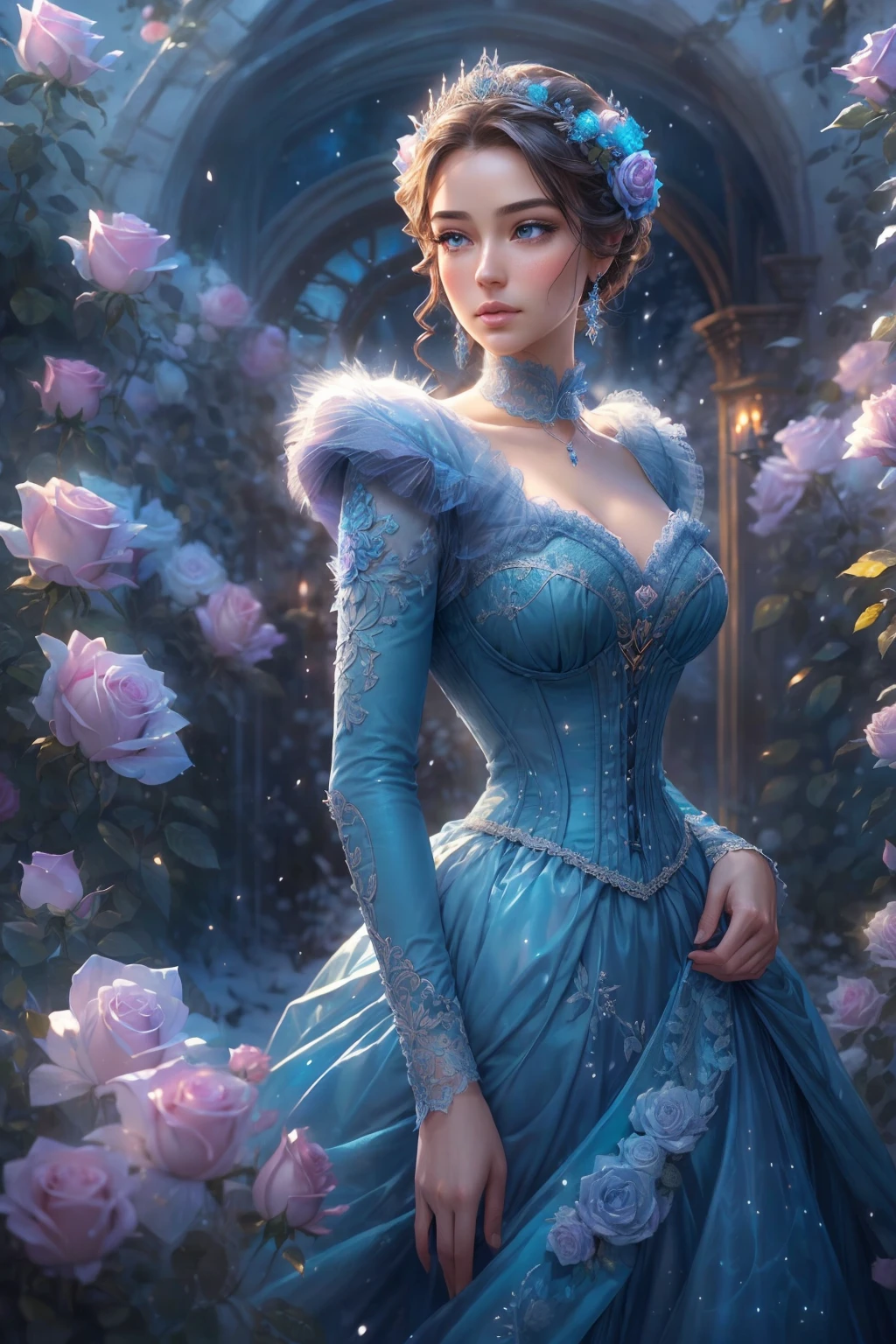 This is realistic (((fantasy))) artwork set in the frozen rose garden of an enchanted ice castle in winter and should consist of many shades of cold blue colors. It is snowing heavily. Generate a proud woman with a (((highly detailed face))) dressed in the billowing folds of a stunning French silk ballgown. The woman's elegant face is ((((highly detailed, with realistic features and soft, puffy lips.)))) The ballgown is embellished with ruffles, sashes, and bows and a delicately, but intricately, hand-embroidered bodice. The corset features silk ribbon. She is wearing Victorian royal winter outer clothes. The woman's stunning eyes are beautifully detailed, featuring realistic shading and multiple colors, and in high resolution. The woman is in a garden of eternal roses, each one beautifully formed and highly detailed. These realistic roses feature shimmering shades of light blue, dark blue, silver, and glimmering blue-purple. The eternal rose is a deep shade of periwinkle with shimmering iridescent overtones and undertones. Ensure that the woman's face, hair, and eyes are perfect. realism, high fantasy, whimsical fantasy, storybook fantasy, fairytale fantasy, fantasy details, enchanting, bewitching, 8k, hires, CGI, digital painting, unity, unreal engine, (((masterpiece))), intricate, elegant, highly detailed, majestic, digital photography, art by artgerm and ruan jia and Greg Rutkowski, (masterpiece, finely detailed beautiful eyes: 1.2), hdr, realistic skin texture, (((1woman))), (((solo))), Include a highly detailed face, extremely detailed face, and interesting background.