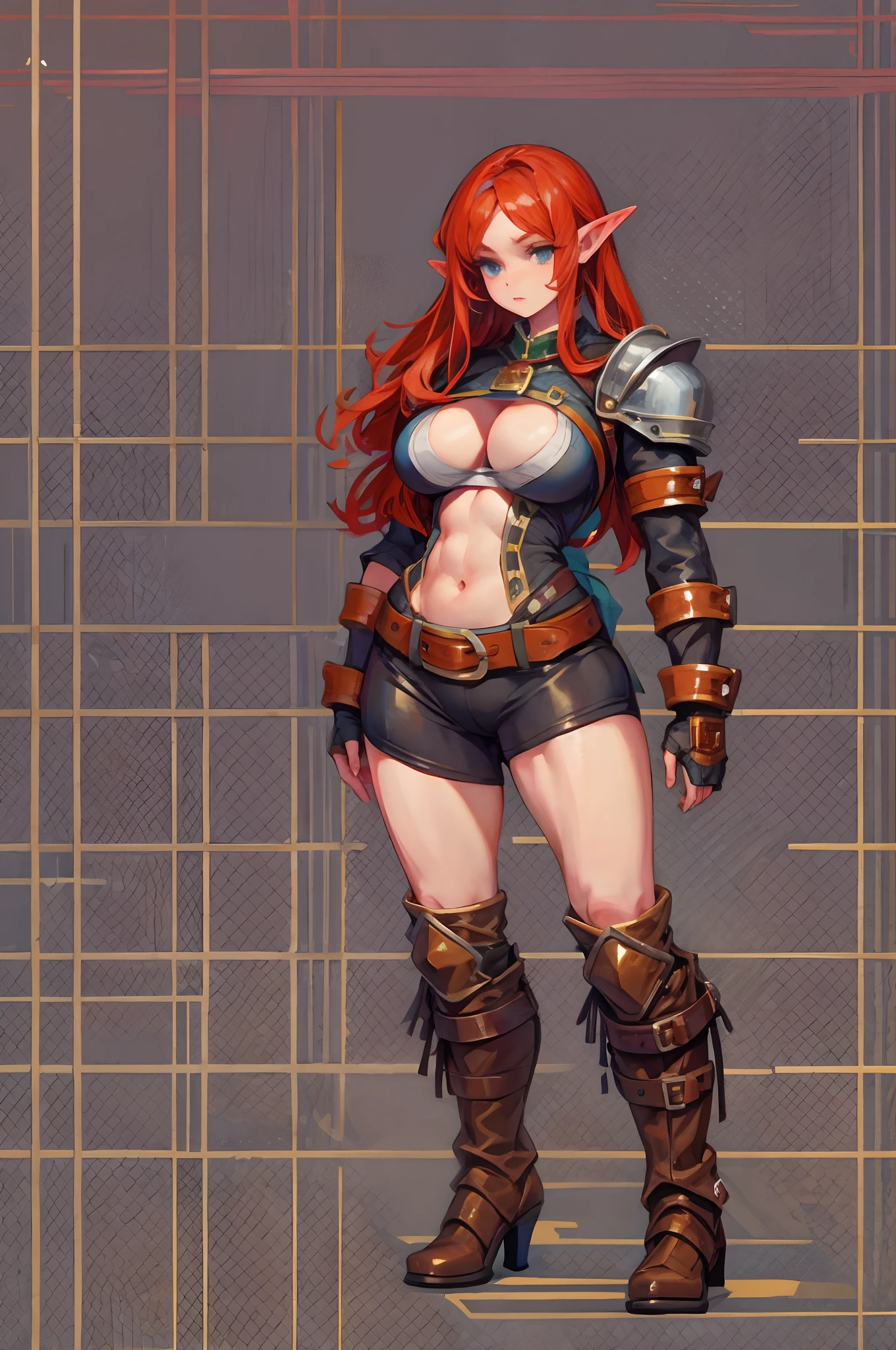 redhead elf in leather clothes, huge breasts, plumb ass, thick thighs, pixelart