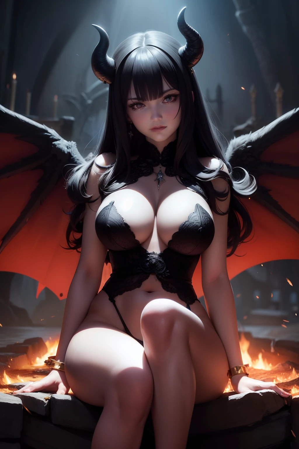 ultra detailed Lisa Ann as Satan sur le Trone de l'enfer, Realistic detailed eyes, diable, Robe noire et rouge, demon wings, Demon horn, Context of the chaos of hell and destruction, Evil queen, looking straight at camera, smiling with contempt on his face, longs ongles noirs, Shaded illustration of a high-quality cell in hell, corps entier, pose dynamique, anatomie parfaite, centered, Freedom, soul, Approche de la perfection, Ombrage de cellule, 8k , Cinematic dramatic atmosphere, Water color painting, Illumination globale, detailed and intricate environment, ArtStation, Art conceptuel, mise au point fluide et nette, volumeric lighting, lighting cinematic