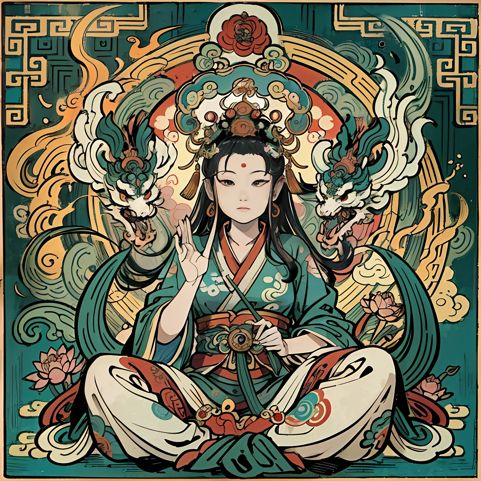 an ancient Chinese goddess, guanyin of the southern seas, Guanyin, Inspired by India, Avalokiteshvara rides a dragon，,Serene expression,shui mo hua,Buddha,Buddhist,Lotus,Chinese painting style,Thangka style