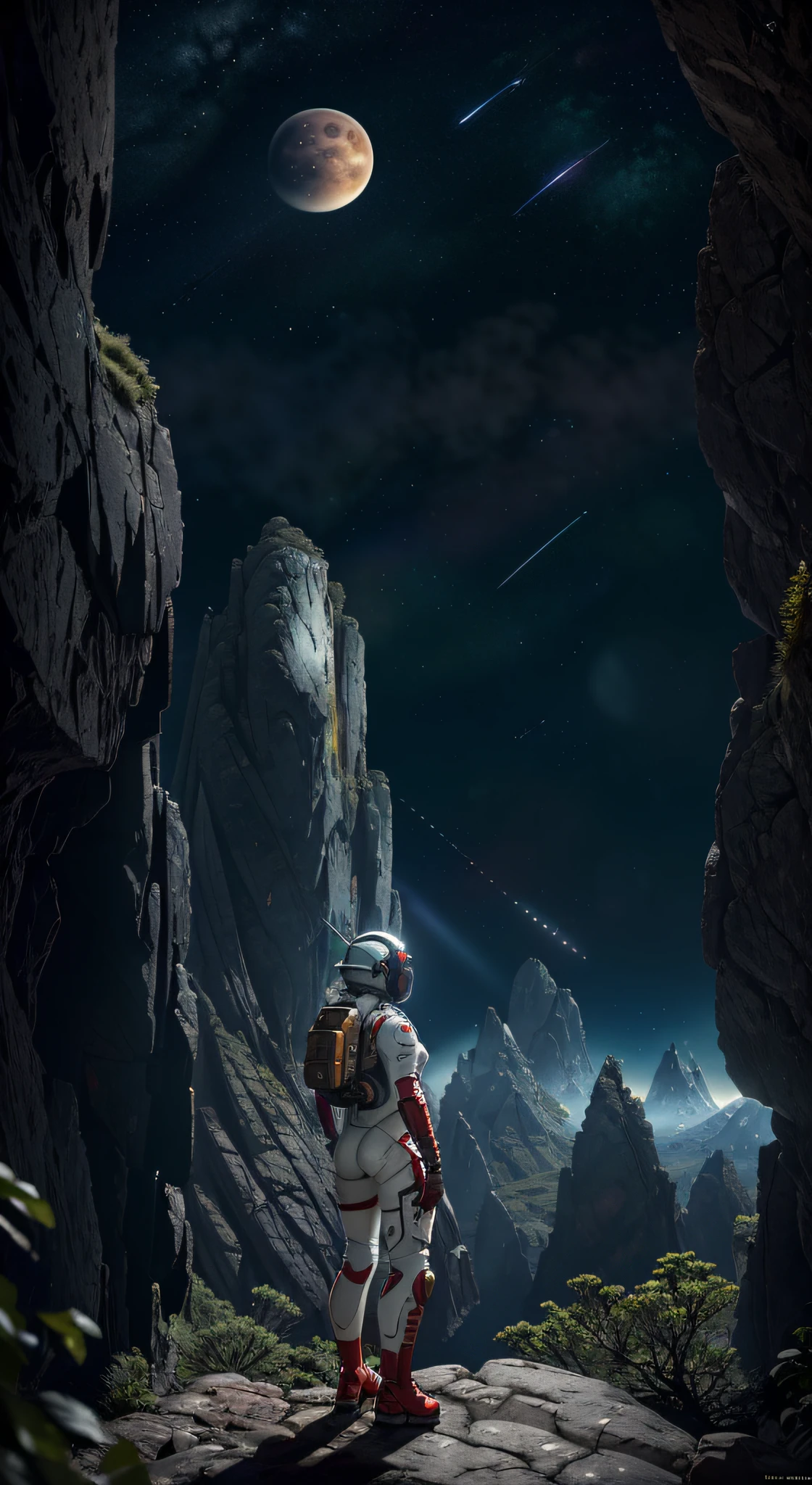 Highly detailed RAW color Photo, Rear Angle, Full Body, of (female space marine, wearing white and red space suit, futuristic helmet, tined face shield, rebreather, accentuated booty), outdoors, (leaning over rocky Edge, looking out at advanced alien structure), (on complex exotic alien planet:0.6), toned body, big butt, (sci-fi), (mountains:1.1), (lush green vegetation), (two moons in sky:0.8), (highly detailed, hyperdetailed, intricate), (lens flare:0.7), (bloom:0.7), particle effects, raytracing, cinematic lighting, shallow depth of field, photographed on a Sony a9 II, 24mm wide angle lens, sharp focus, cinematic film still from Gravity 2013, viewed from behind