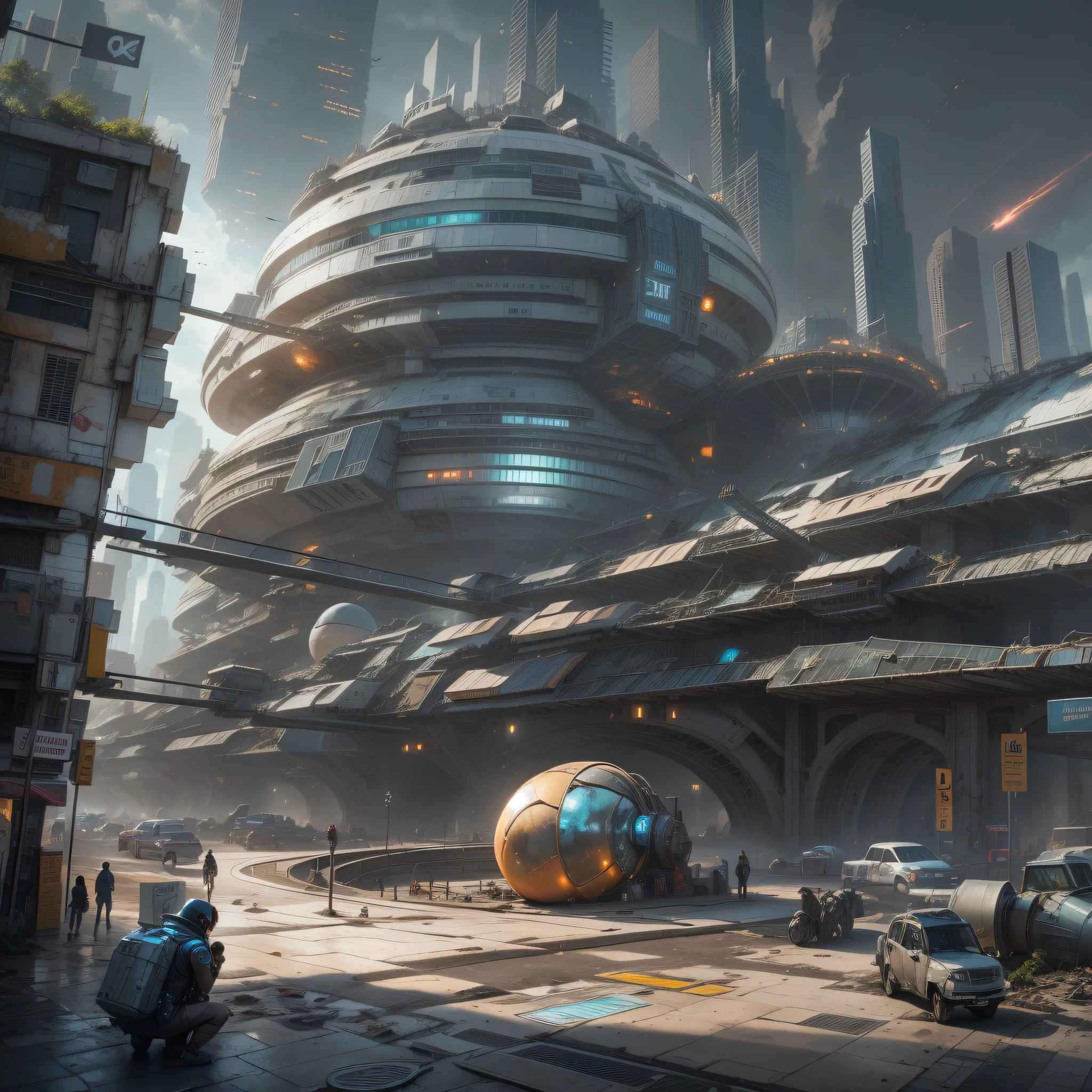 la tripulacion de la spacecraft nostrono pasea por una ciudad abandonada en un planeta desconocido, But this city has a great technology and fantasy design in its streets with a bright pavement and large highly technological machinery forming part of its huge buildings..