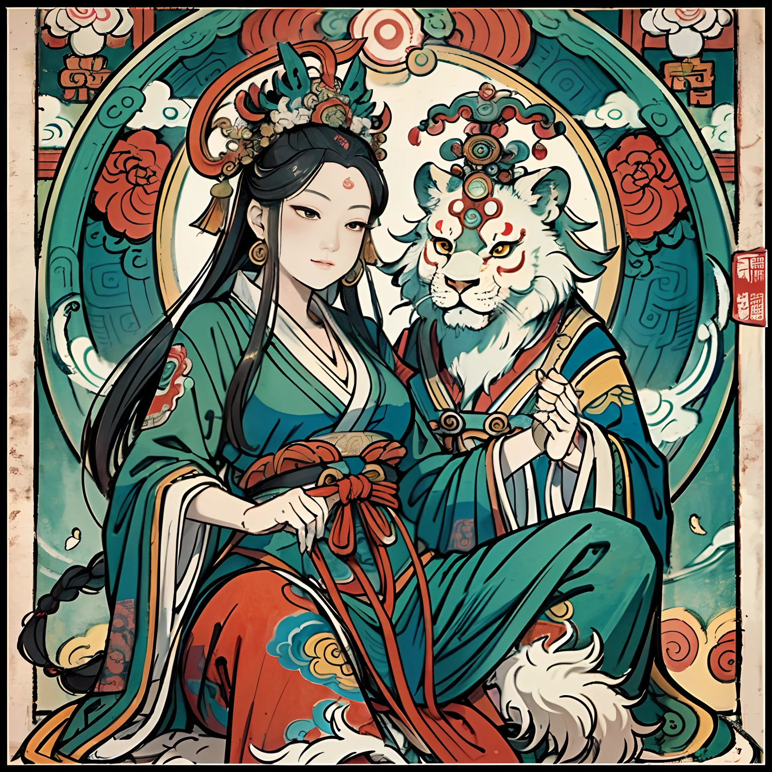 an ancient Chinese goddess, guanyin of the southern seas, Guanyin, Inspired by India, Avalokiteshvara rides a lion,,Serene expression,shui mo hua,Buddha,Buddhist,Lotus,Chinese painting style,Thangka style