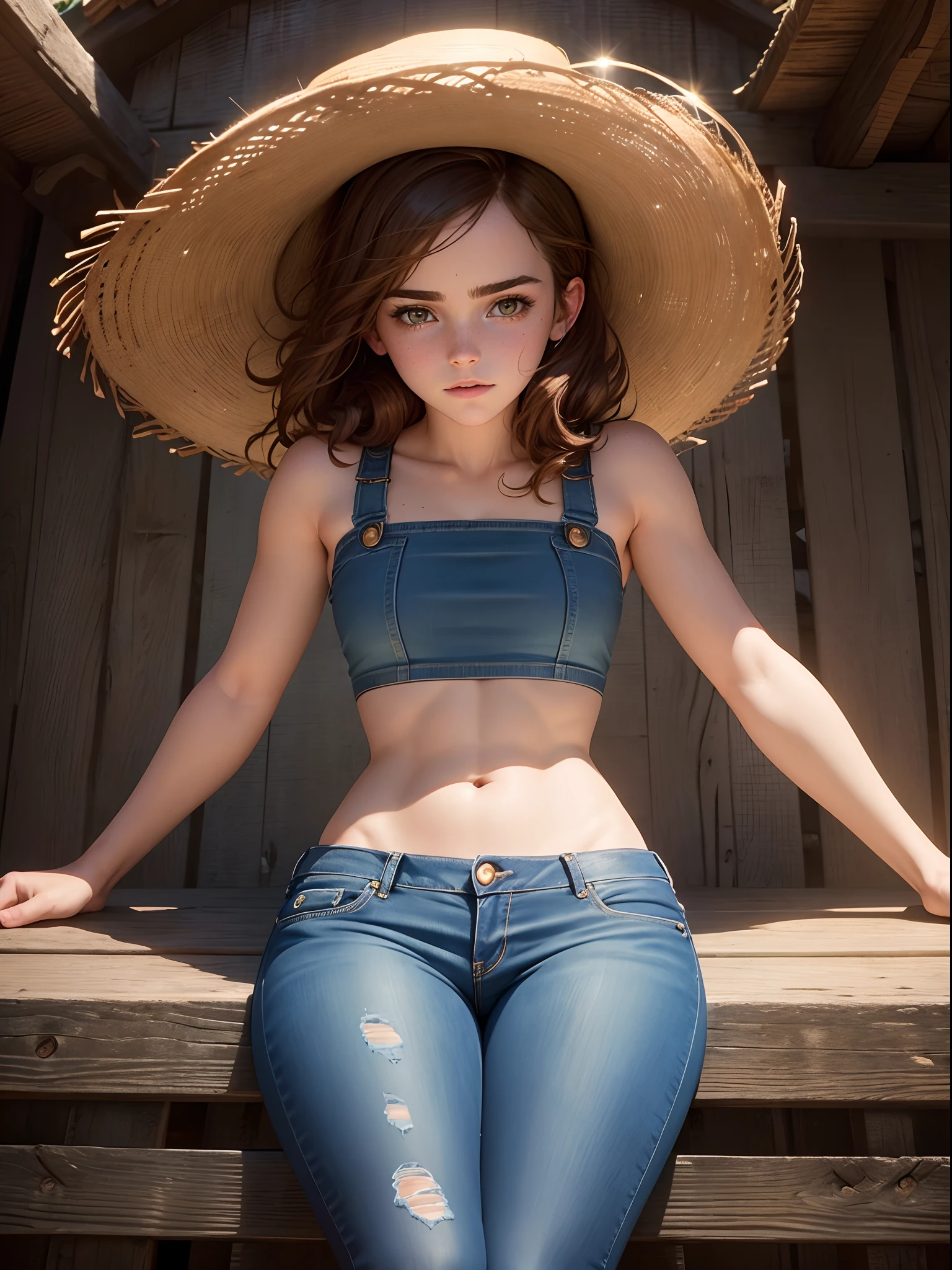 from below. masterpiece. highly detailed. A beautiful Teen Emma Watson as a cowgirl posing in a tight denim shorts, crop top. freckles. pìgtails. She is sitting on a fence outside a barn. sparkly hair. shiny skin.