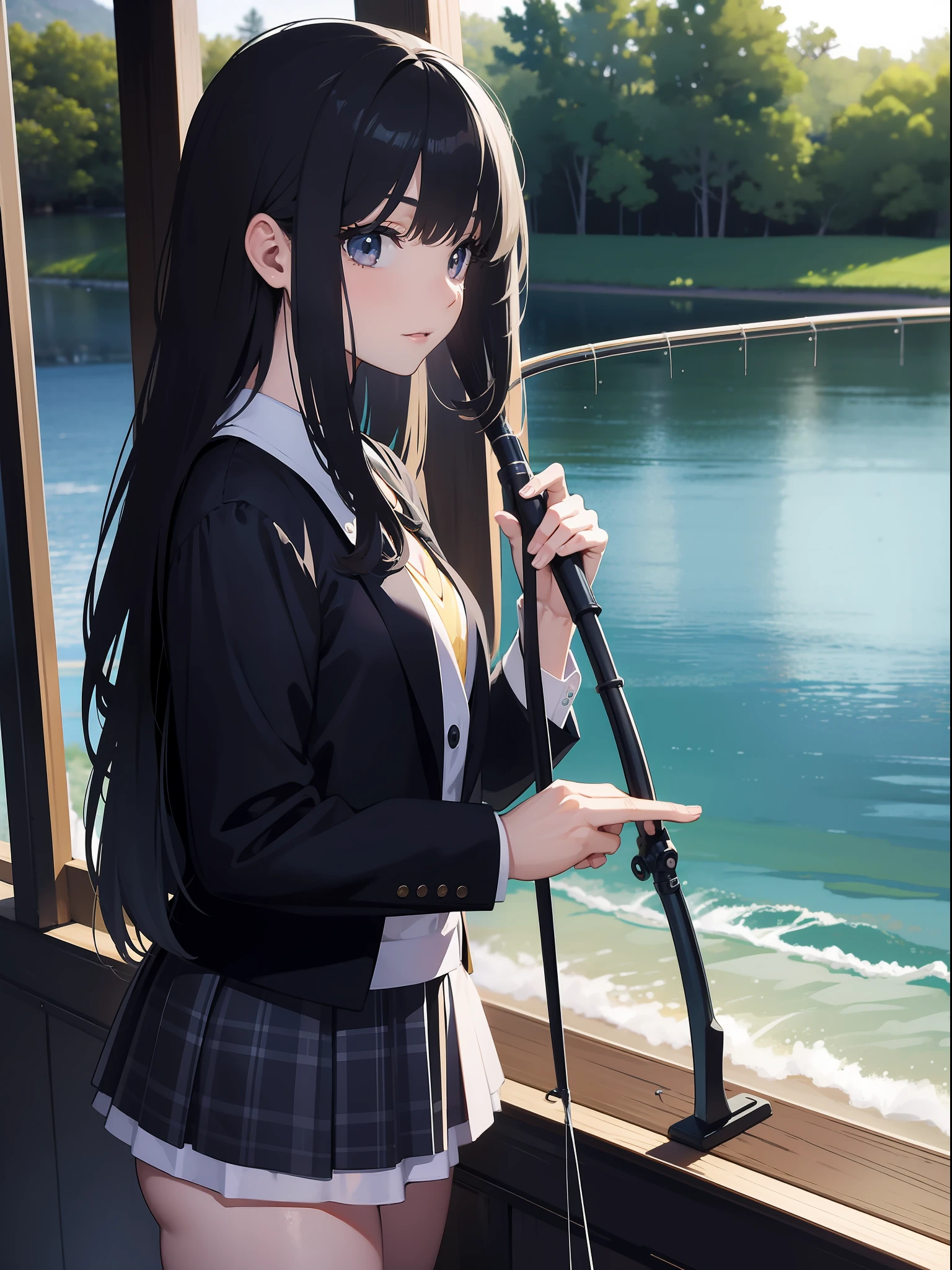 ((((Holding a fishing rod by the lake)))),((Best Quality, masutepiece :1.3)),hight resolution,ultra-detailliert,Official art,Beauty and aesthetics,masterpiece,best qualtiy,ighly detailed,1 japanese girl,Black hair, long eyeslashes, Solid Circle Eyes, deadpan, drop shadow, Atmospheric perspective,Super Detail, ccurate, Best Quality, small tits,Black jacket,(top-quality:1.4), (超A high resolution:1.2), cinematric light, (Extreme detailed illustration), (lipgloss、top-quality、超A high resolution、depth of fields、Caustics、Broadlighting、Natural Shading、85mm、f / 1.4、ISO 200、1 / 160 seconds:0.75)、