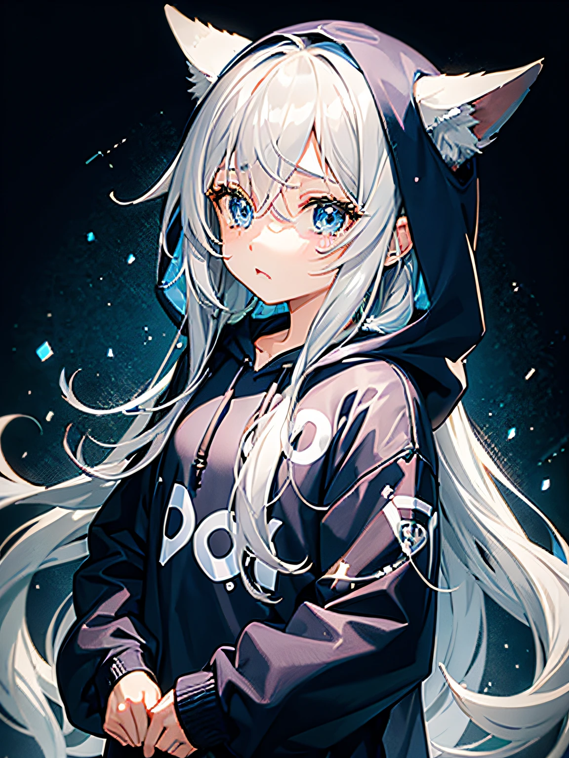 ung girl, cute, long silver hair, blue eyes, hoodie, crying