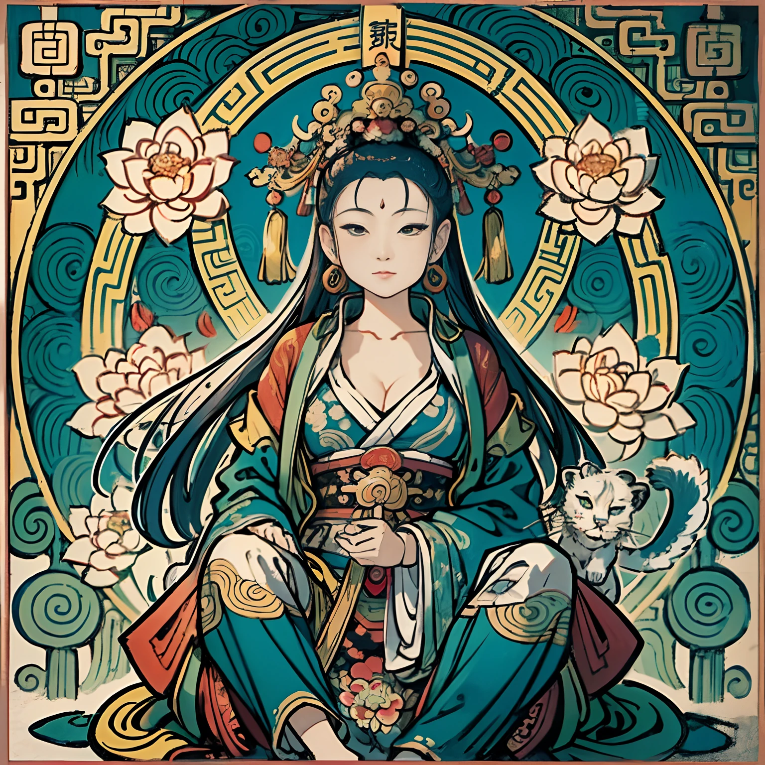 an ancient Chinese goddess, guanyin of the southern seas, Guanyin, Inspired by India, Avalokiteshvara rides a lion,,Serene expression,shui mo hua,Buddha,Buddhist,Lotus,Chinese painting style,Thangka style