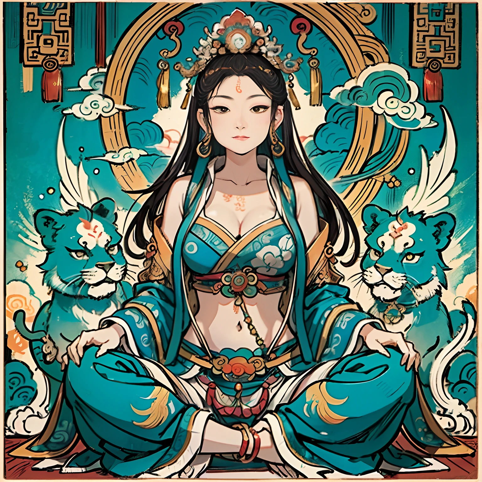 an ancient Chinese goddess, guanyin of the southern seas, Guanyin, Inspired by India, Avalokiteshvara rides a lion,,Serene expression,shui mo hua,Buddha,Buddhist,Lotus,Chinese painting style,Thangka style