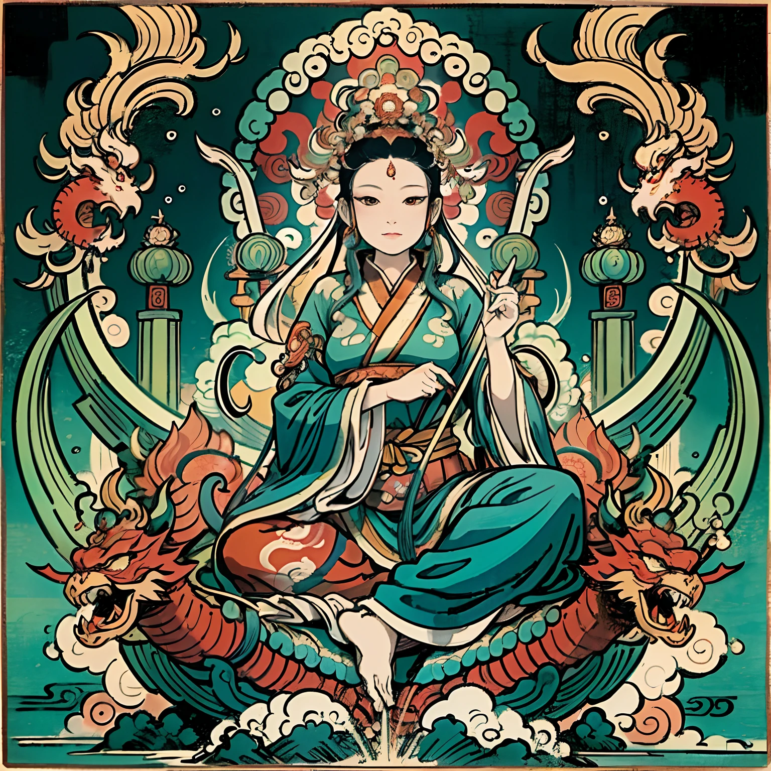 an ancient Chinese goddess, guanyin of the southern seas, Guanyin, Inspired by India, Avalokiteshvara rides a dragon,,Serene expression,shui mo hua,Buddha,Buddhist,Lotus,Chinese painting style,Thangka style