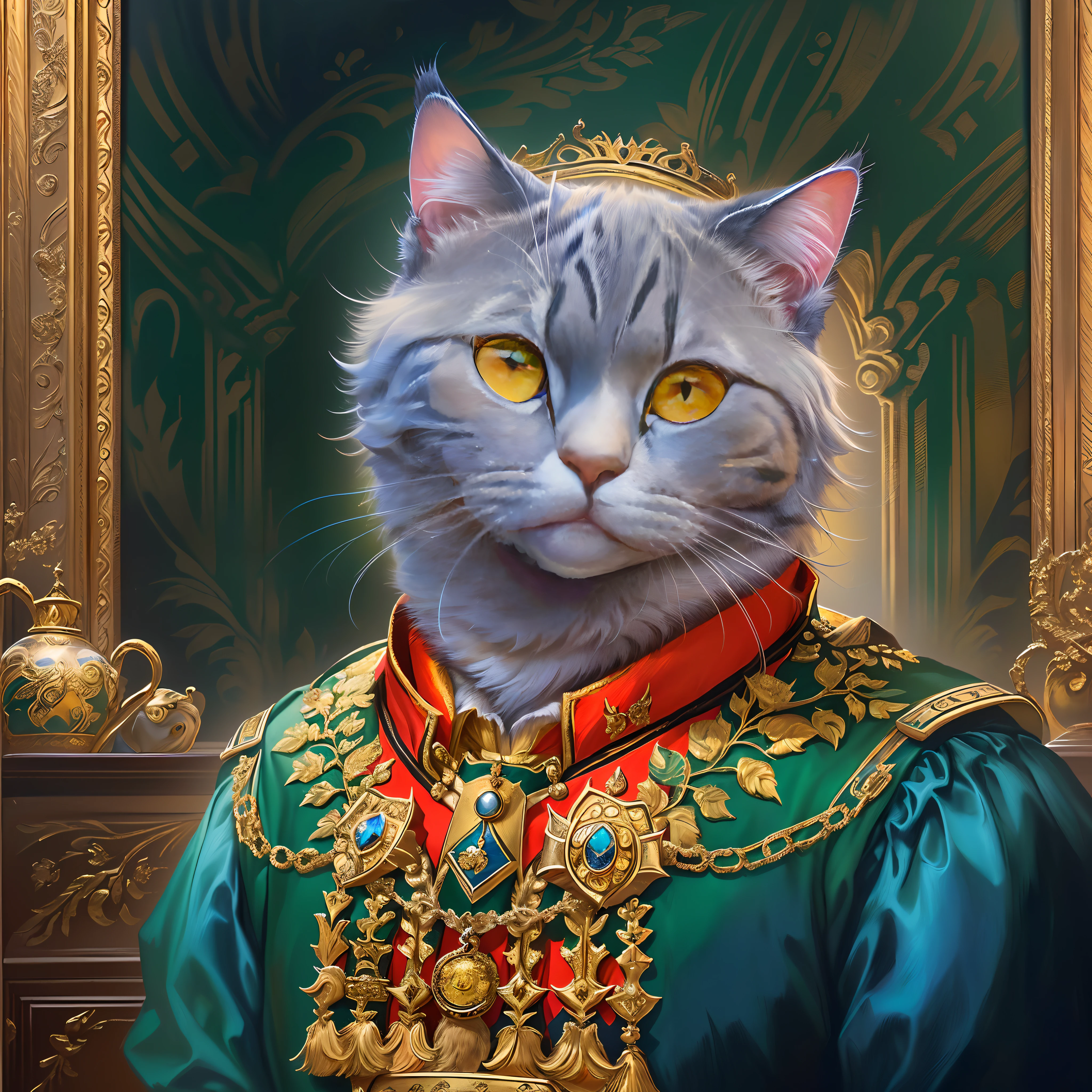There is a cat, who is dressed in a uniform and a gold frame, majesty in noble clothes, A worthy aristocrat, Royal Portrait, Elegant cat, Imperial Portrait, masterpiece portrait, Royal portraiture, anthro cat, anthro cat, masterpiece anthro portrait, Oil painting of Princess Vulvin, Katty - Bree from Mithril Hall