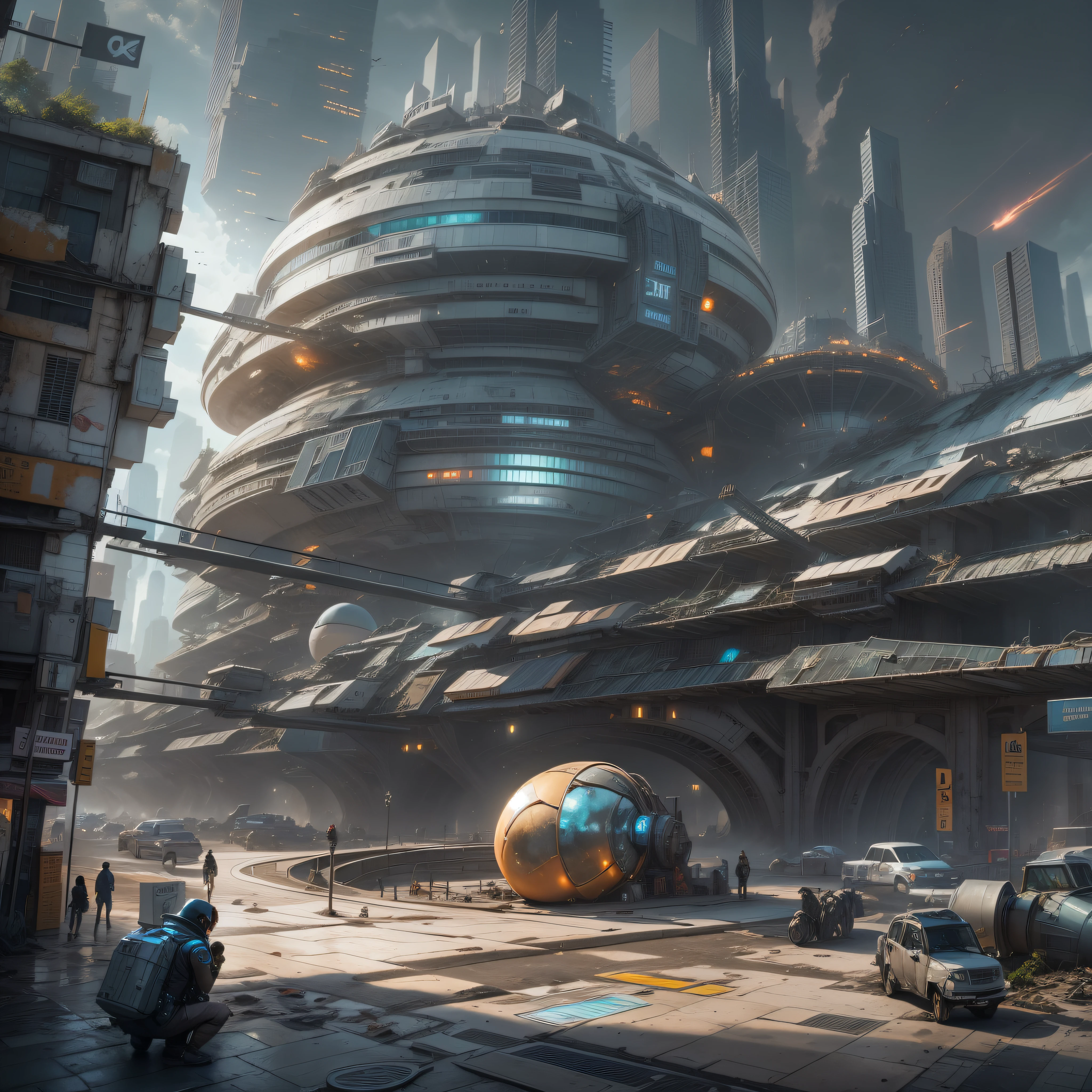 la tripulacion de la spacecraft nostrono pasea por una ciudad abandonada en un planeta desconocido, But this city has a great technology and fantasy design in its streets with a bright pavement and large highly technological machinery forming part of its huge buildings..