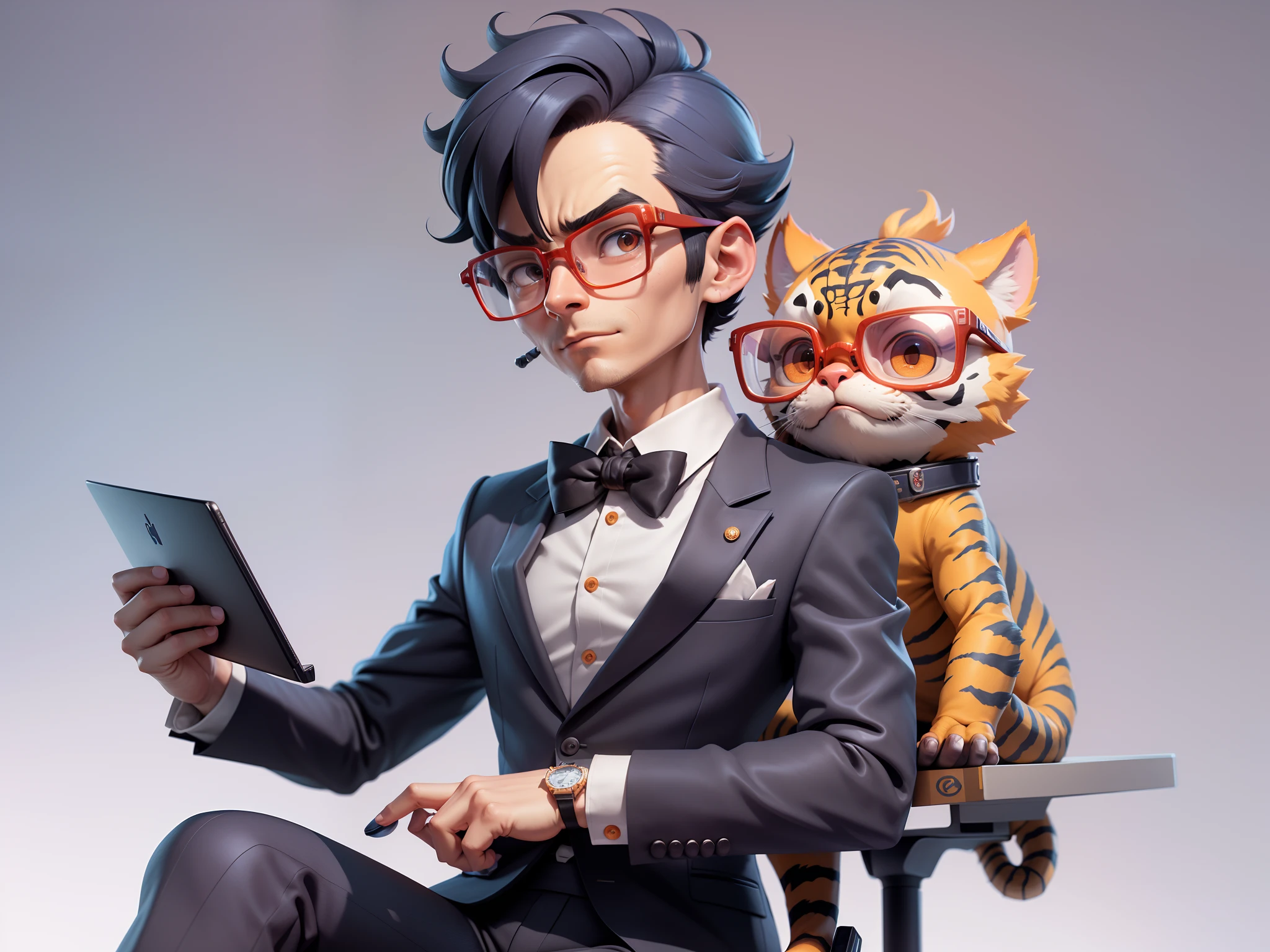 A young man in a suit, Short hair and glasses sat at his desk,holding laptop,digitial painting,tigre,3D character design by Mark Clairen and Pixar and Hayao Miyazaki and Akira Toriyama,4K HD illustration,Very detailed facial features and cartoon-style visuals。