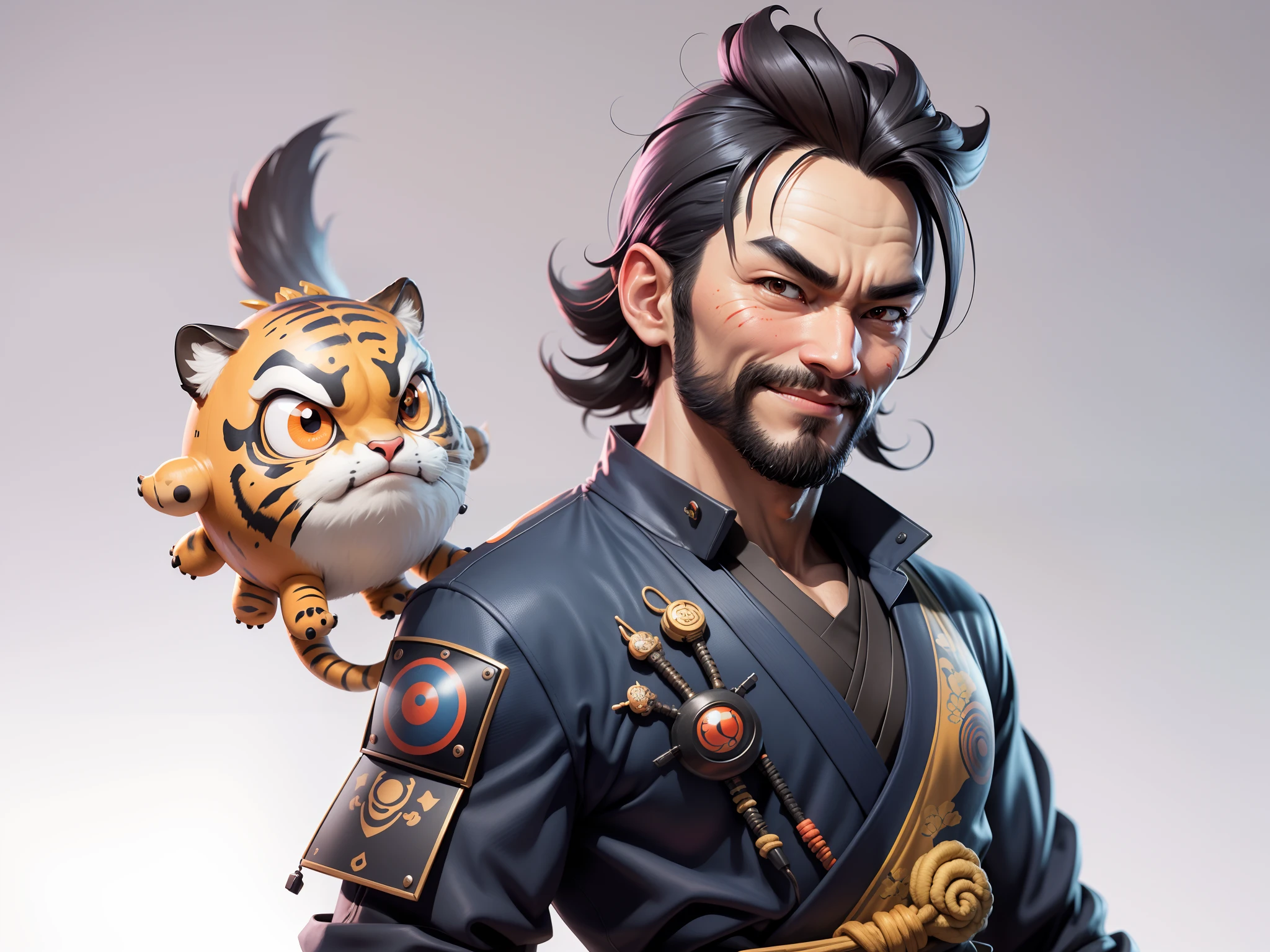 (Daisaku),(Need),(Super meticulous),(full bodyesbian:1.2),Super young man with Japanese geisha,Beautiful,orient,one tiger,Aeolian Thor,Raised sexy,爆乳,Oriental face,TV Anchor,Bust portrait illustration,In black suit,a blue tie,The face is slightly chubby,The face was clean,without a beard,Black super short hair,Black eyes,Smile confidently,3C computer sub-products,iPad, iphone,Digital painting,3D character design by Mark Clairen and Pixar and Hayao Miyazaki and Akira Toriyama,The illustration is a high-definition illustration in 4K resolution,With very detailed facial features and cartoon-style visuals。
