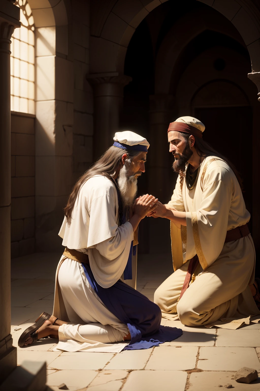 Nicodemus, a Pharisee, member of the Jewish Sanhedrin, age 40, kneeling before Jesus, showing respect and humility.