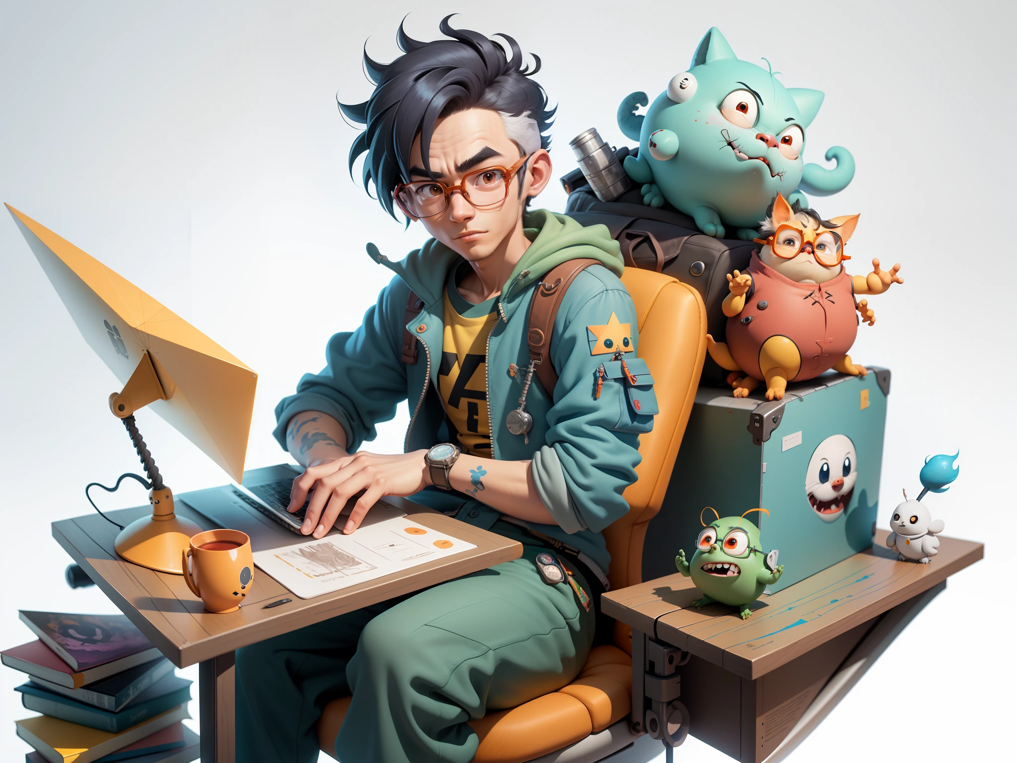 A young man with glasses sits at his desk，holding laptop，digitial painting，3D character design by Mark Clairen and Pixar and Hayao Miyazaki and Akira Toriyama，4K HD illustration，Very detailed facial features and cartoon-style visuals。