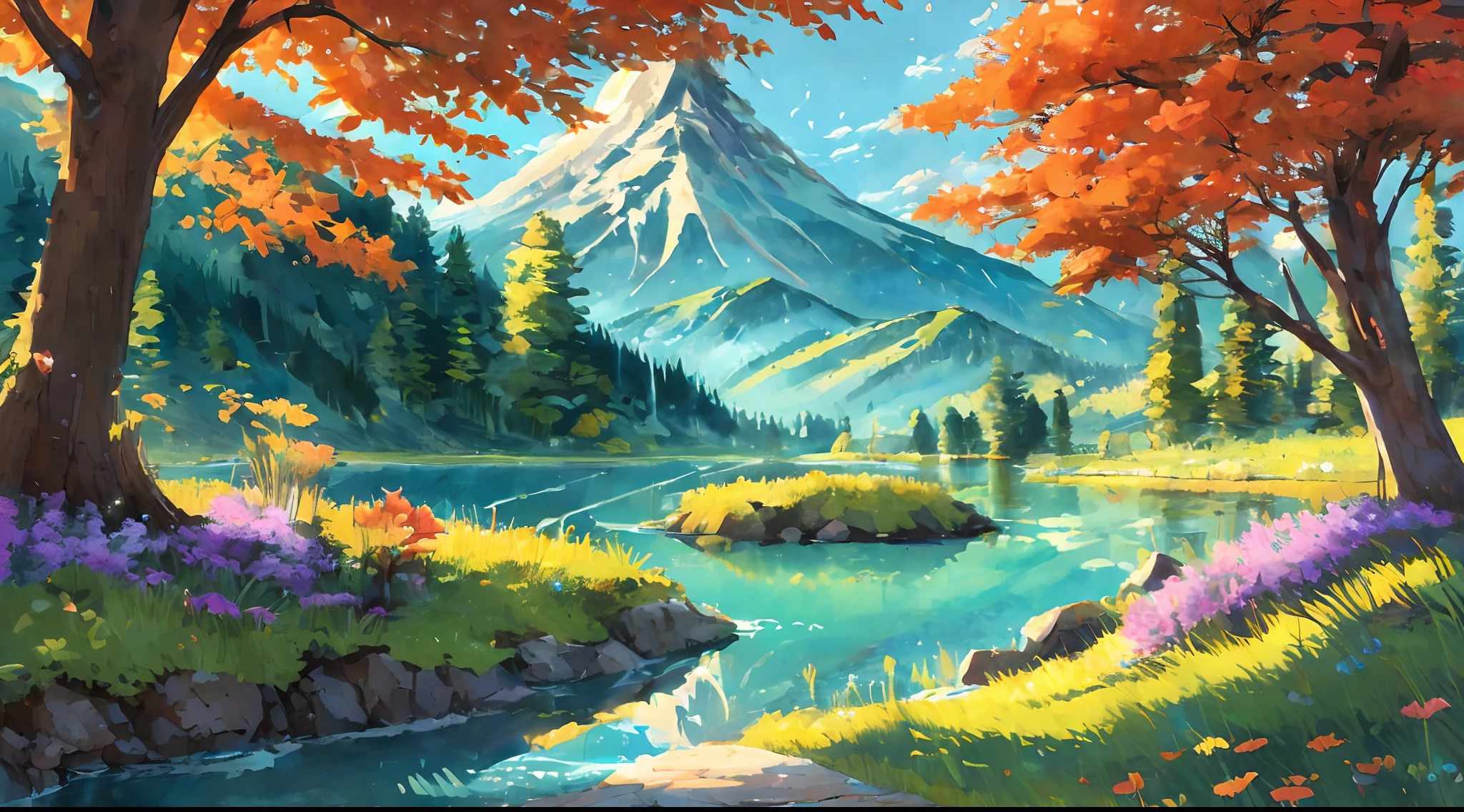 (Best quality),(masterpiece),(ultra detailed),(high detailed),(extremely detailed),Subject: Beautiful Anime Natural Sceneries
Medium: Digital illustration or traditional painting.
Resolution: 4000x3000 pixels.
Color Palette: Vibrant and lush colors inspired by nature.
Mood: Serene, tranquil, and awe-inspiring.
Composition: Balanced compositions with a focus on natural elements.
Lighting: Soft, natural lighting with variations in brightness.
Style: Anime-inspired with a touch of realism and fantasy.
Details: Include elements such as majestic mountains, serene lakes, blooming fields, and lush forests.
Inspiration: Anime landscapes, Studio Ghibli films, real-world natural environments.
Camera Setup: None (since it's a digital illustration).
Additional Notes: Pay attention to the beauty and intricacy of natural landscapes. Create depth and dimension by incorporating layers of foreground, middle ground, and background elements. Use a variety of brush strokes and textures to capture the textures of trees, rocks, water, and other natural elements. Experiment with lighting and shadows to add depth and realism to the scene. Include small details like birds, butterflies, or wildlife to bring the scene to life. Consider adding elements of fantasy or magic, such as floating islands, mythical creatures, or glowing flora. Use a mix of vibrant and harmonious colors to convey the beauty and vibrancy of nature. Emphasize the serenity and tranquility of the scene by incorporating elements like flowing water, gentle breezes, or a soft sunset. Let your creativity and imagination guide you in creating breathtaking anime natural sceneries that transport viewers to a world of beauty and wonder.