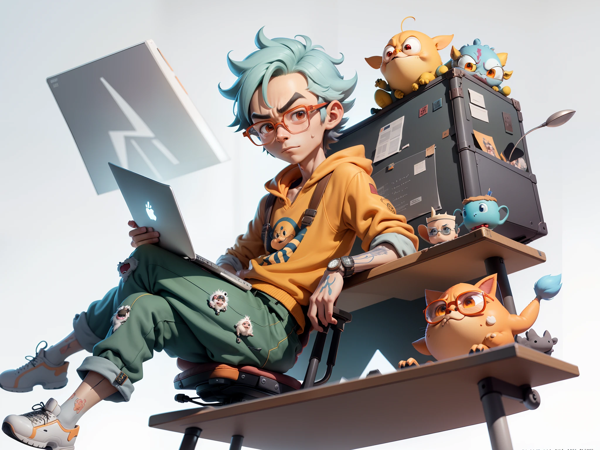 A young man with glasses sits at his desk,holding laptop,digitial painting,3D character design by Mark Clairen and Pixar and Hayao Miyazaki and Akira Toriyama,4K HD illustration,Very detailed facial features and cartoon-style visuals。