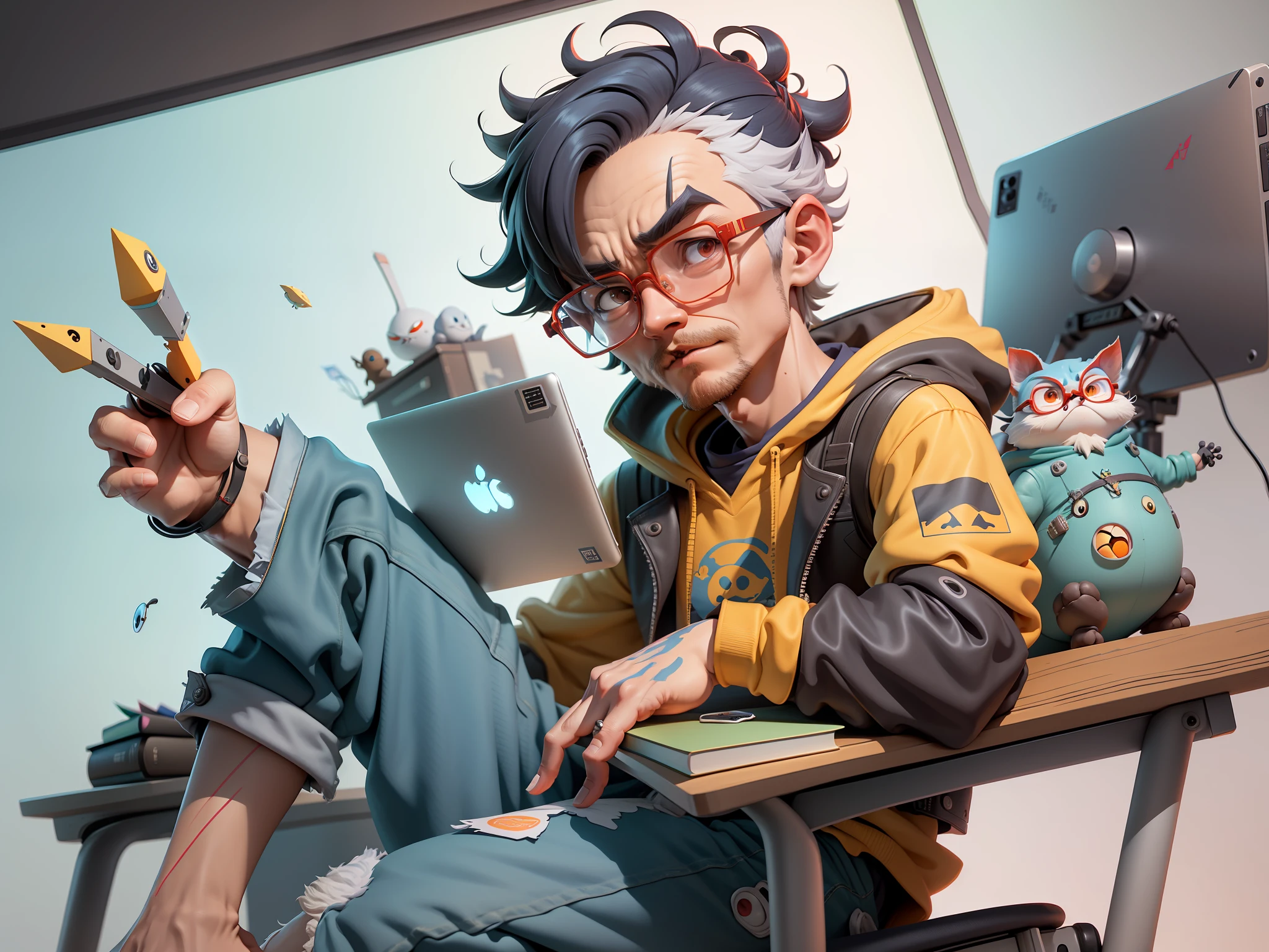 A young man with glasses sits at his desk,holding laptop,digitial painting,3D character design by Mark Clairen and Pixar and Hayao Miyazaki and Akira Toriyama,4K HD illustration,Very detailed facial features and cartoon-style visuals。