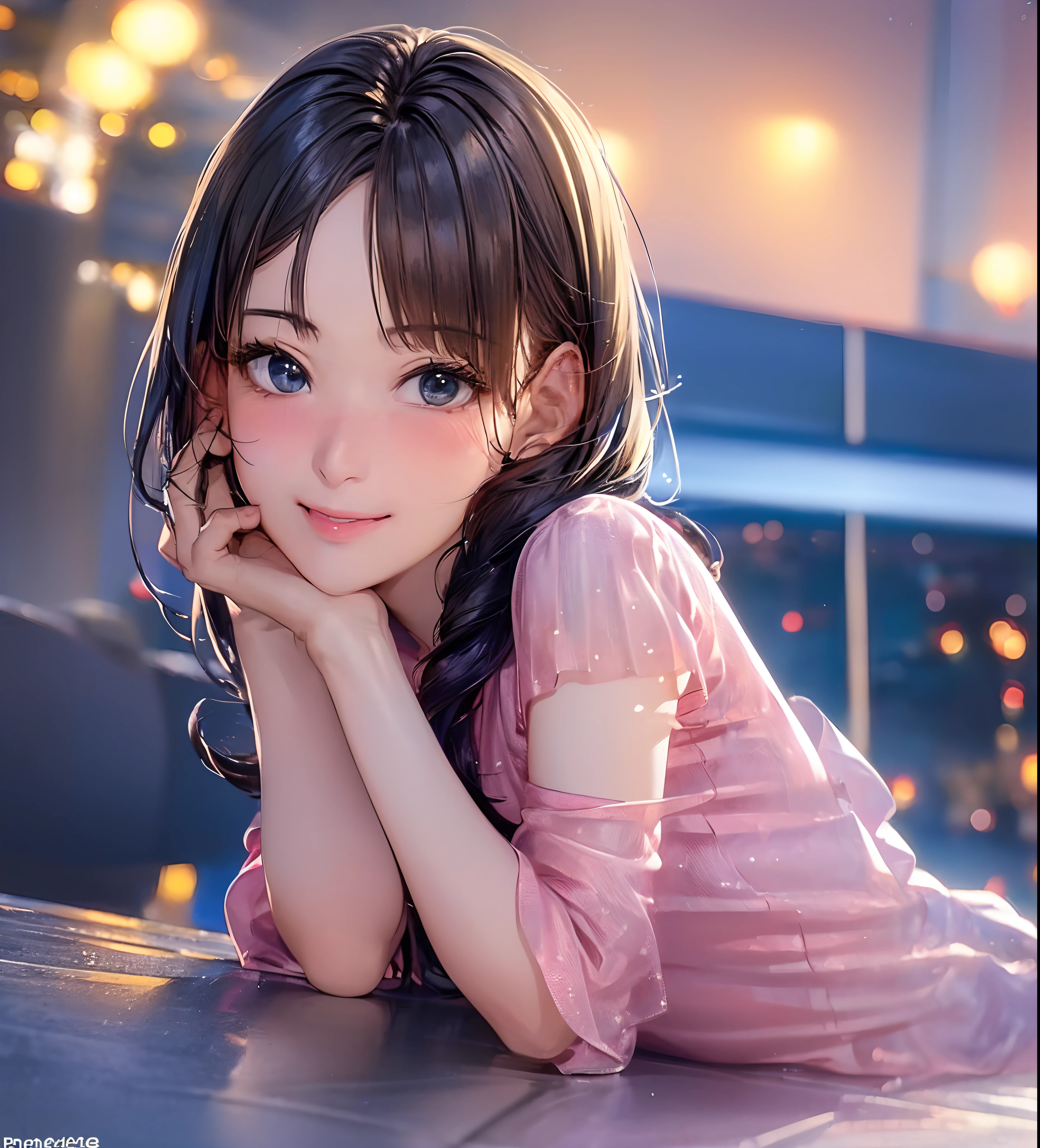(8K, Best Quality, masutepiece:1.2), (Realistic, Photorealsitic:1.37), Ultra-detailed, 1 girl,Cute, Solo,Midnight,Beautiful detailed sky,Detailed Cafe,Sitting,Dating,(nose blush),(Smile:1.15),(Closed mouth) Small breasts,Beautiful detailed eyes,Floating Hair NovaFrogStyle,Pink dress