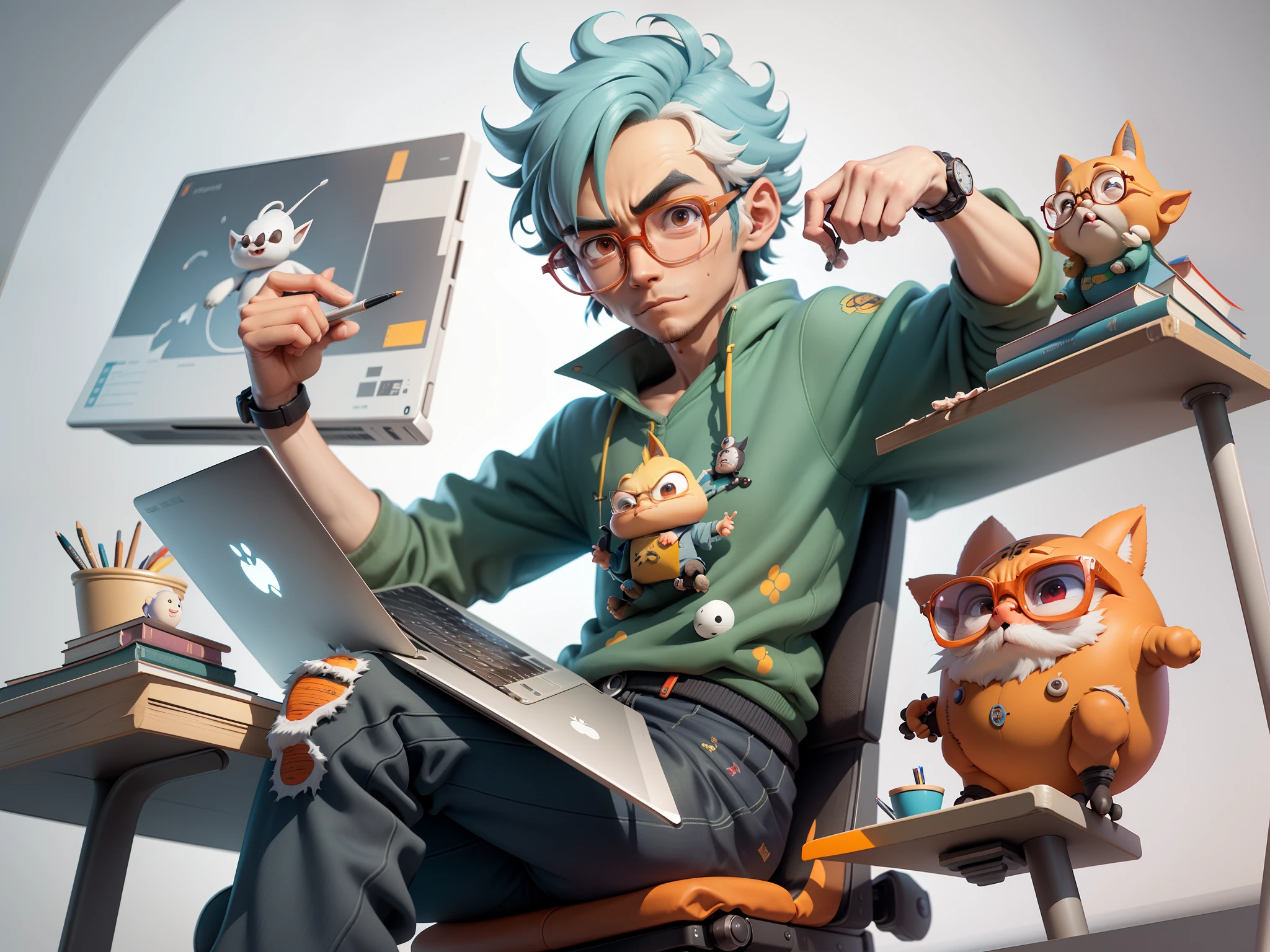 A young man with glasses sits at his desk,holding laptop,digitial painting,3D character design by Mark Clairen and Pixar and Hayao Miyazaki and Akira Toriyama,4K HD illustration,Very detailed facial features and cartoon-style visuals。