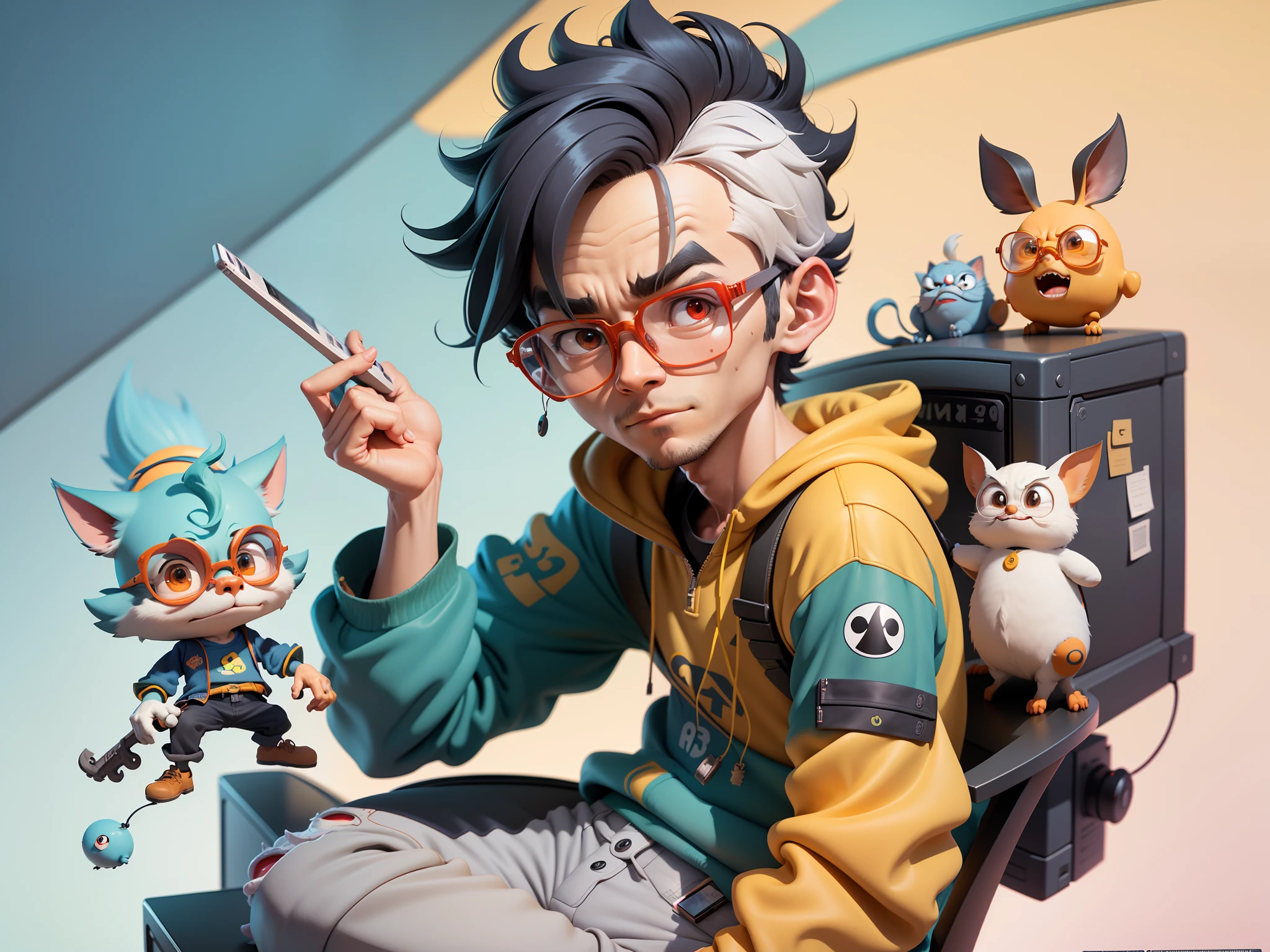 A young man with glasses sits at his desk，holding laptop，digitial painting，3D character design by Mark Clairen and Pixar and Hayao Miyazaki and Akira Toriyama，4K HD illustration，Very detailed facial features and cartoon-style visuals。