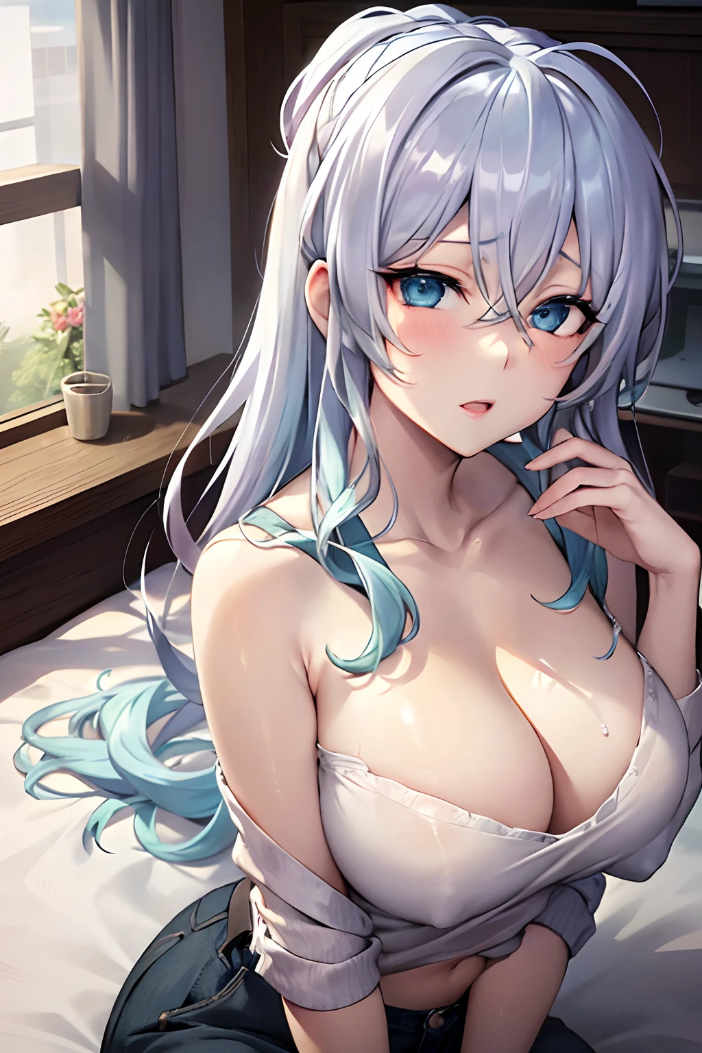 Yukino, in bed, silver hair and  blue eyes, light shirt and no bra, anime visual of a cute girl, screenshot from the anime film, & her expression is solemn, in the anime film, in an anime, anime visual of a young woman, she has a cute expressive face, still from anime, big breast, red cheek, lustful face, fair skin