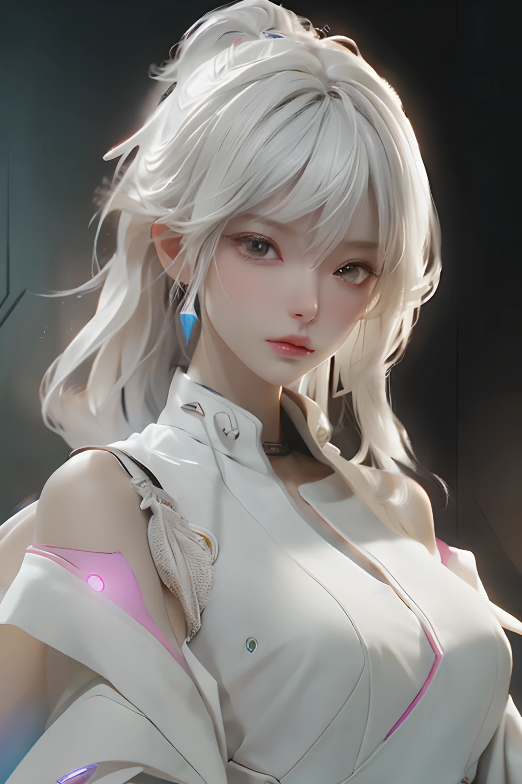((best qualtiy)), ((tmasterpiece)), (the detail:1.4), 3D,( A beautiful cyberpunk female image),hdr(HighDynamicRange),Ray traching,NVIDIA RTX,Hyper-Resolution,Unreal 5,Subsurface scattering、PBR Texture、post-proces、Anisotropy Filtering、depth of fields、maximum definition and sharpness、Many-Layer Textures、Albedo e mapas Speculares、Surface coloring、Accurate simulation of light-material interactions、perfectly proportions、rendering by octane、Two-colored light、largeaperture、Low ISO、White balance、the rule of thirds、8K raw data、((White color hair))