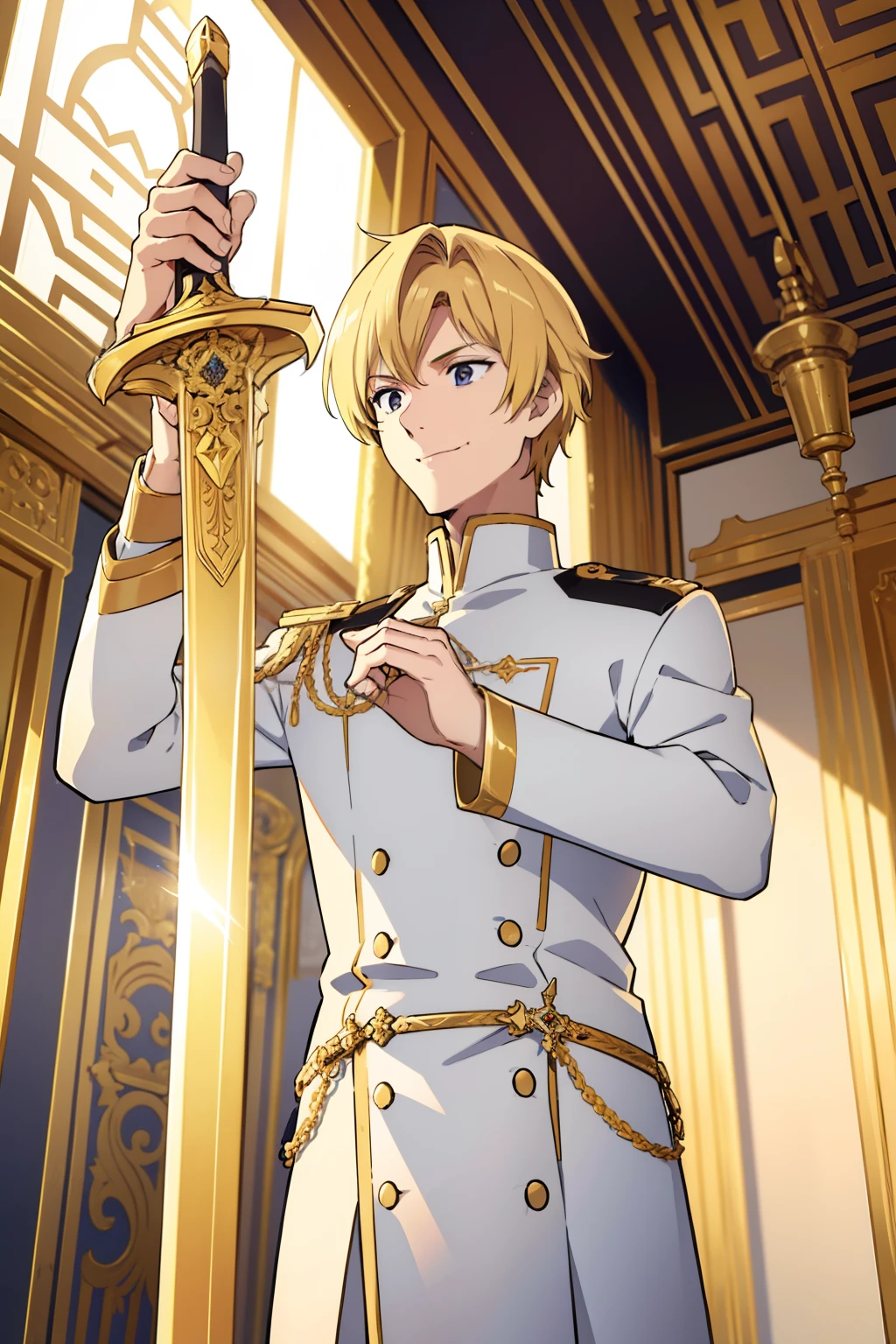 one man, prince, shiny blond hair, handsome, detailed face, smiling, white uniform with gold accents, in a temple, bowing, sword at waist