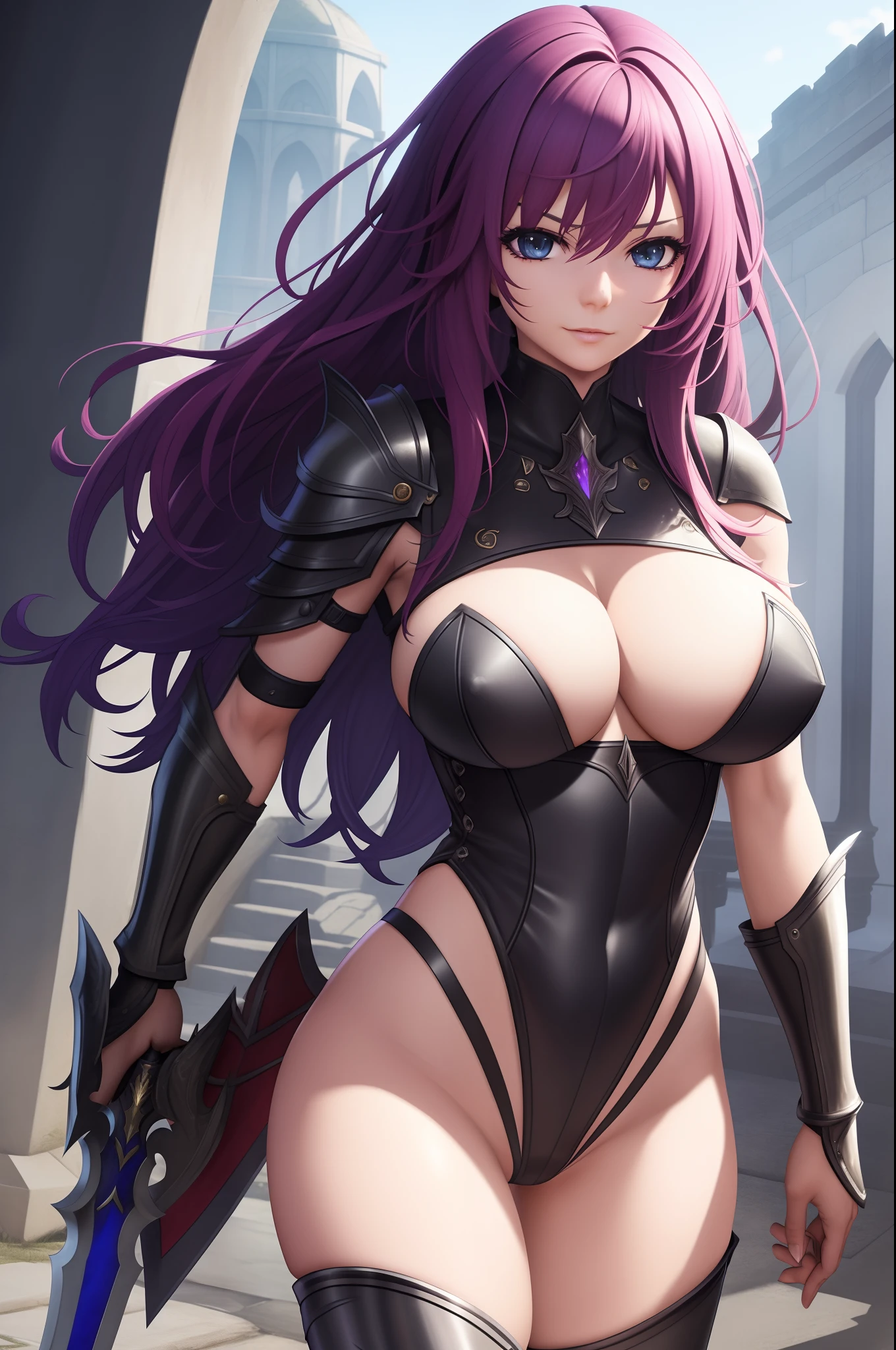 Two stunning female knights with detailed face, flawless features and slender figures vibrant multicolored hair, ample bosoms, huge breasts, detailed erect nipples, standing side by side, wearing sleek leather armor that reveals their toned midriffs, cleavage, and thighs, sexy stockings, (no panties:1.5), detailed vagina, (pussy juice:1.2). They stride confidently in high heels and don gloves, wielding a variety of weapons including swords, maces, axes, and shields. The scene exudes a sense of fantasy and takes place in an unpredictable location (NFSW).