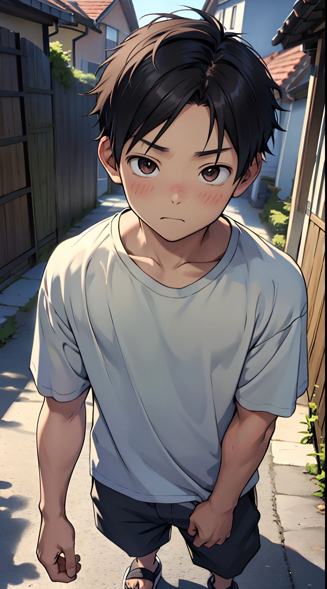 (masutepiece, Best Quality),1boy,(１１Year old boy,child-faced),Body tilt,Sagging hands,delicate big eyes,Open your eyes,smooth and delicate skin,infancy,young age,short round face,Flat chin,finely detaild face,well-muscled,shorth hair,vivd colour,(depth of fields:1.2),looking at viewert,top-down perspective,top-down perspective