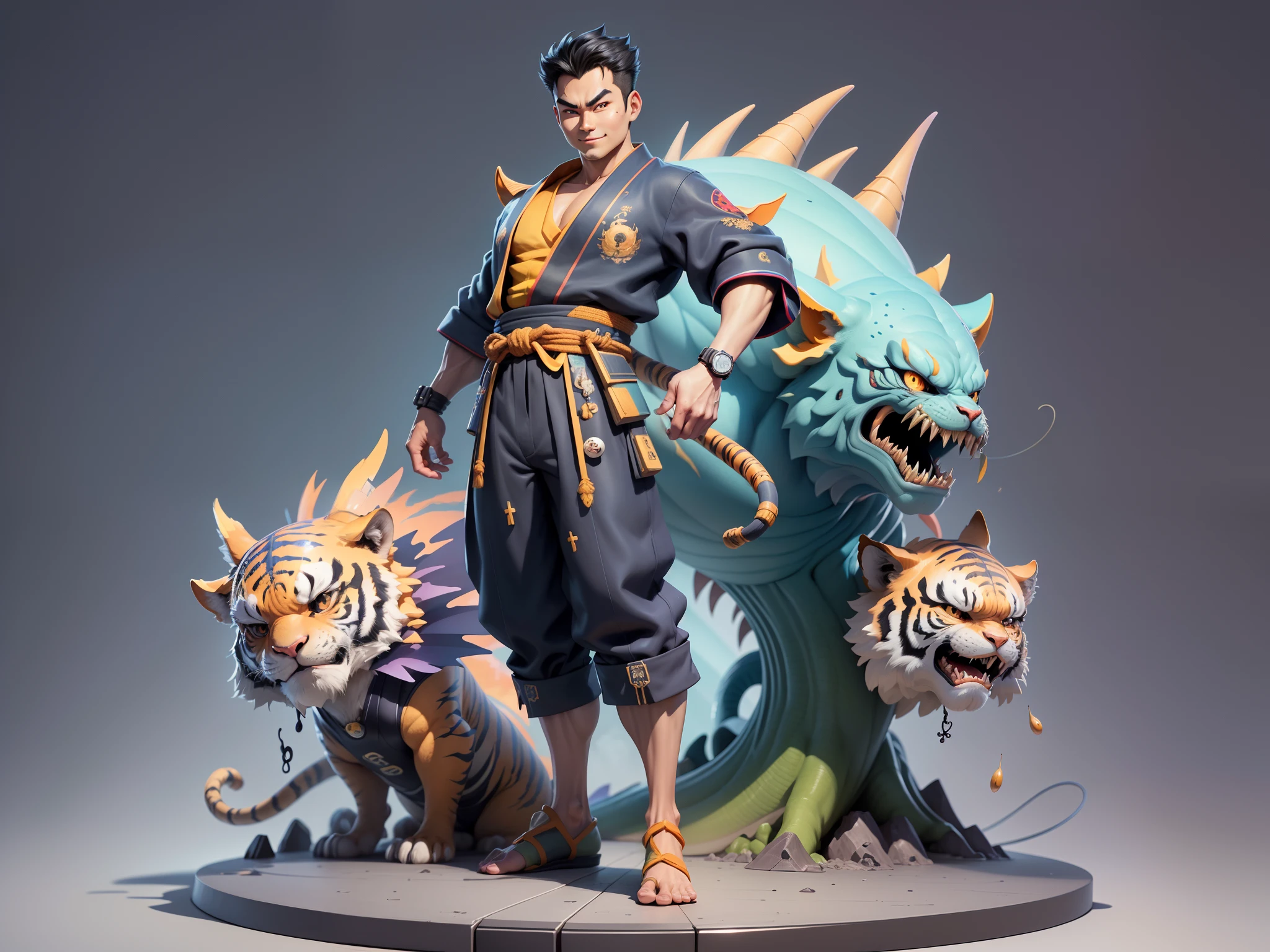 (Masterpiece), (Excellent), (Super Meticulous), (Full Body: 1.2), Super Young Man, Oriental Face, Japanese Kimono, Japanese Wind Thunder God, Dragon, Tiger, TV Anchor, Bust Portrait Illustration, Alone, Black Suit, Blue Tie, Slightly Chubby Face, Very Clean Face, No Beard, Black Super Short Hair, Black Eyes, Confident Smile, 3c Computer Sub-Products, iPad, iPhone, Digital Painting, 3D Character Design by Akira Toriyama and Mark Claireden and Pixar and Hayao Miyazaki, The illustration is a high-definition illustration in 4K resolution with very detailed facial features and cartoon-style visuals.